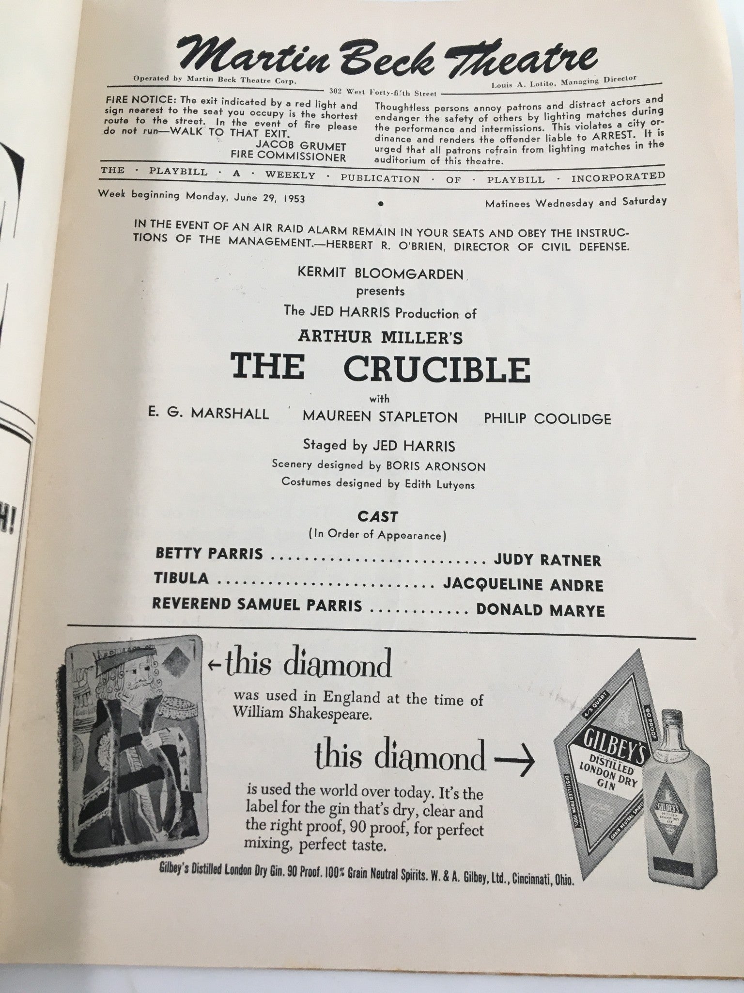 1953 Playbill Martin Beck Theatre E.G. Marshall in Arthur Miller's The Crucible