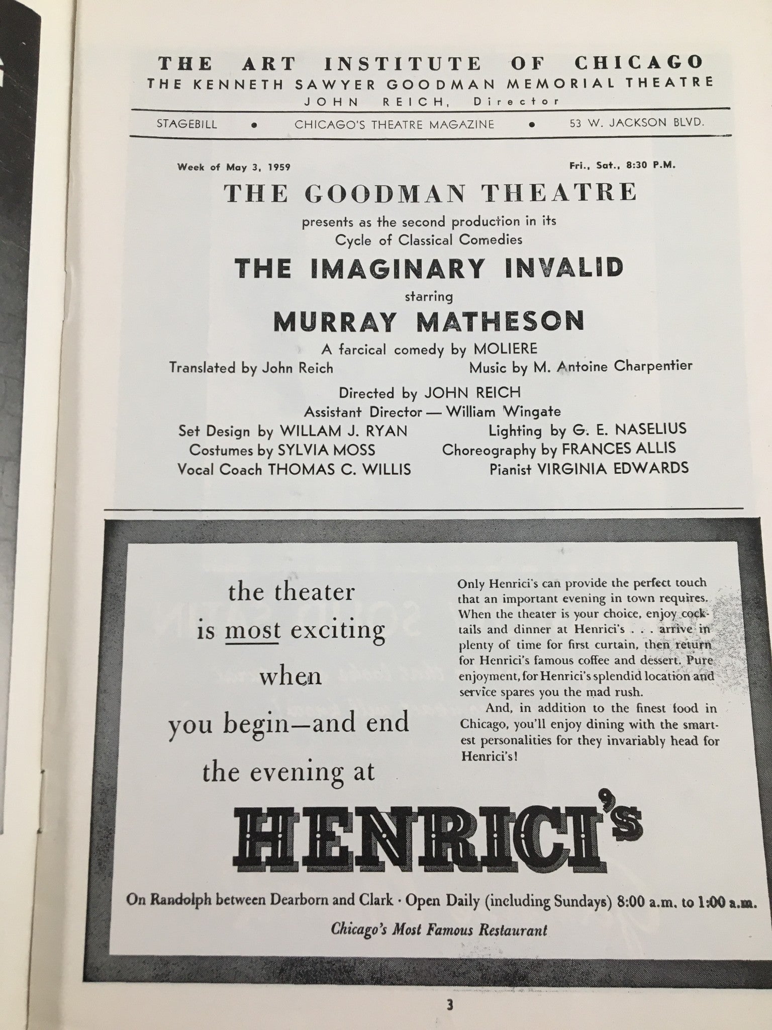 1959 Stagebill The Goodman Theatre Murray Matheson in The Imaginary Invalid