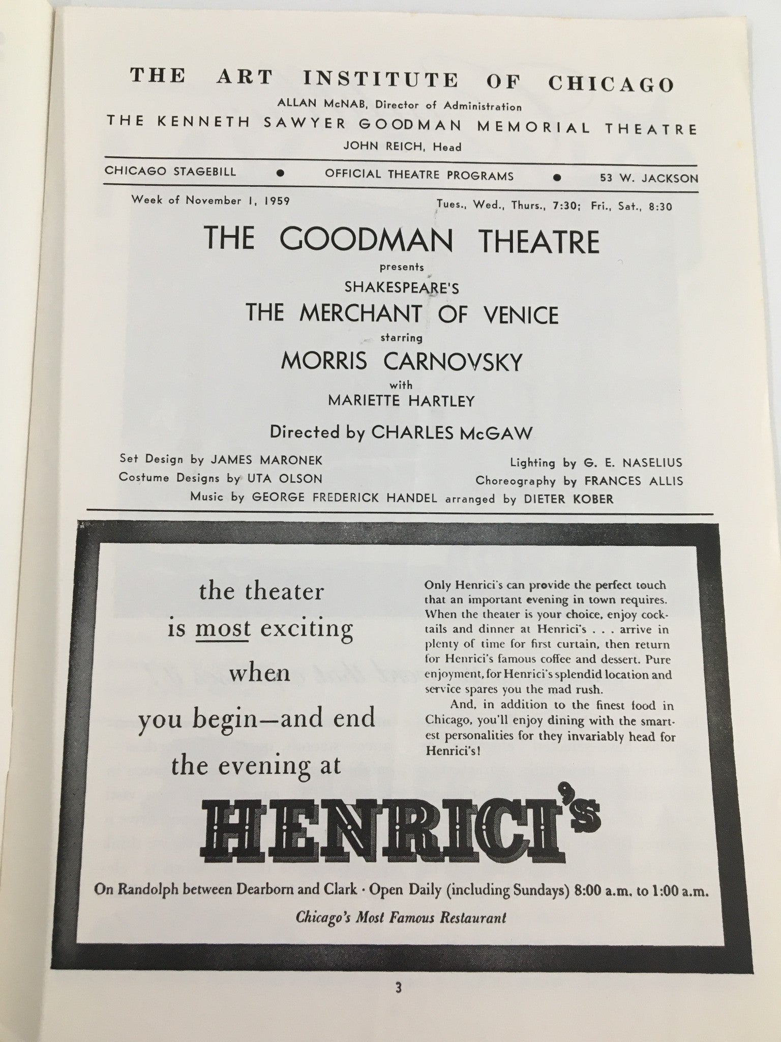 1959 Stagebill The Goodman Theatre Morris Carnovsky in The Merchant in Venice