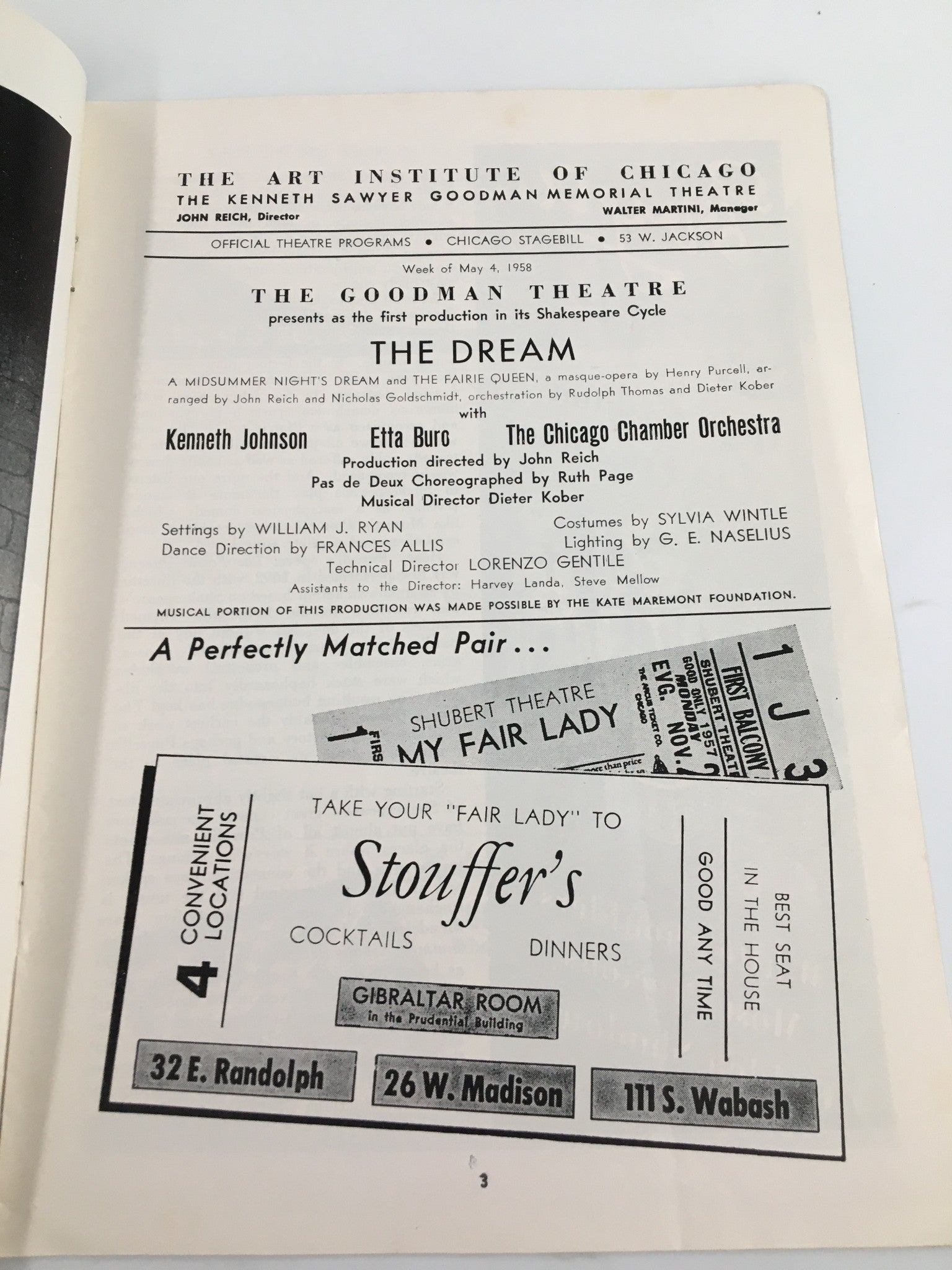 1958 Stagebill Goodman Memorial Thtr Kenneth Johnson, Etta Buro in The Dream