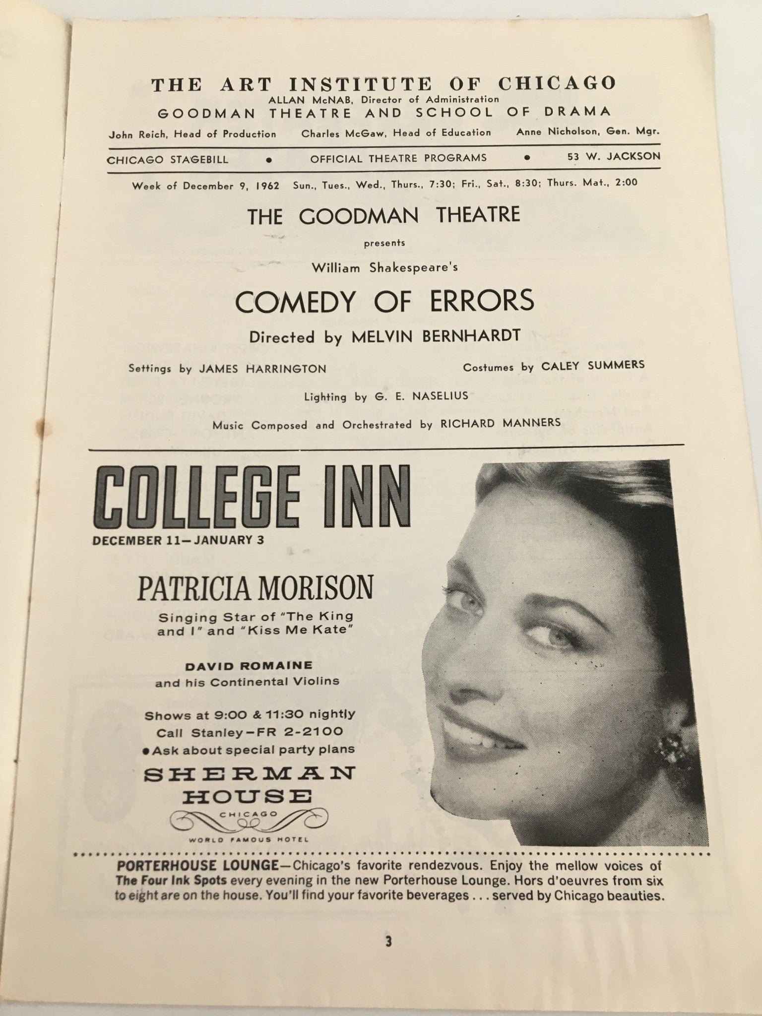 1962 Stagebill Goodman Memorial Theatre William Shakespeare's Comedy of Errors