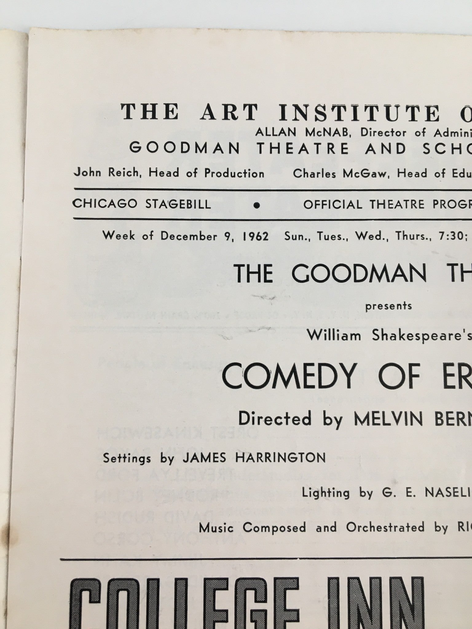 1962 Stagebill Goodman Memorial Theatre William Shakespeare's Comedy of Errors