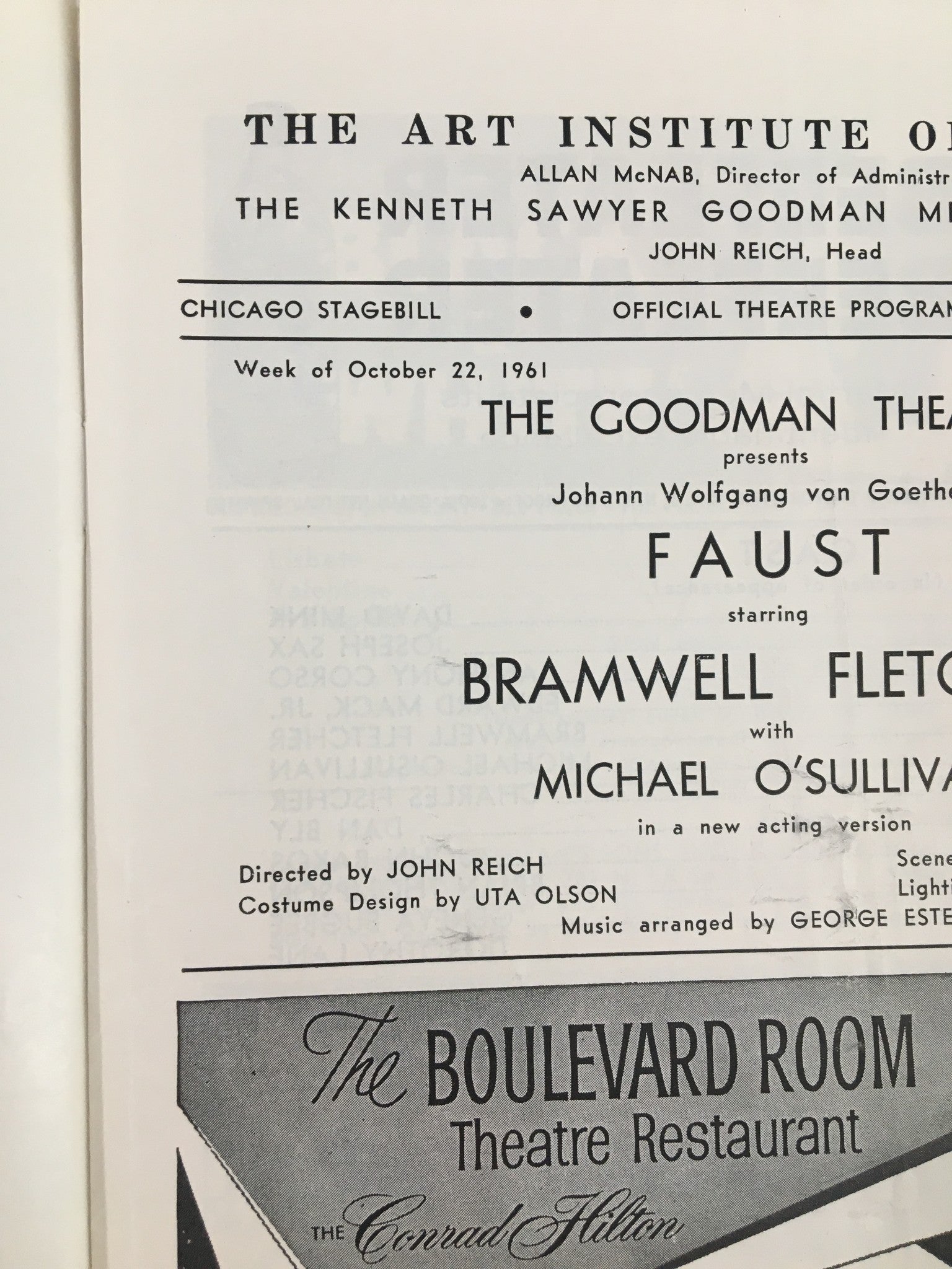 1961 Stagebill Goodman Theatre Bramwell Fletcher, Michael O'Sullivan in Faust