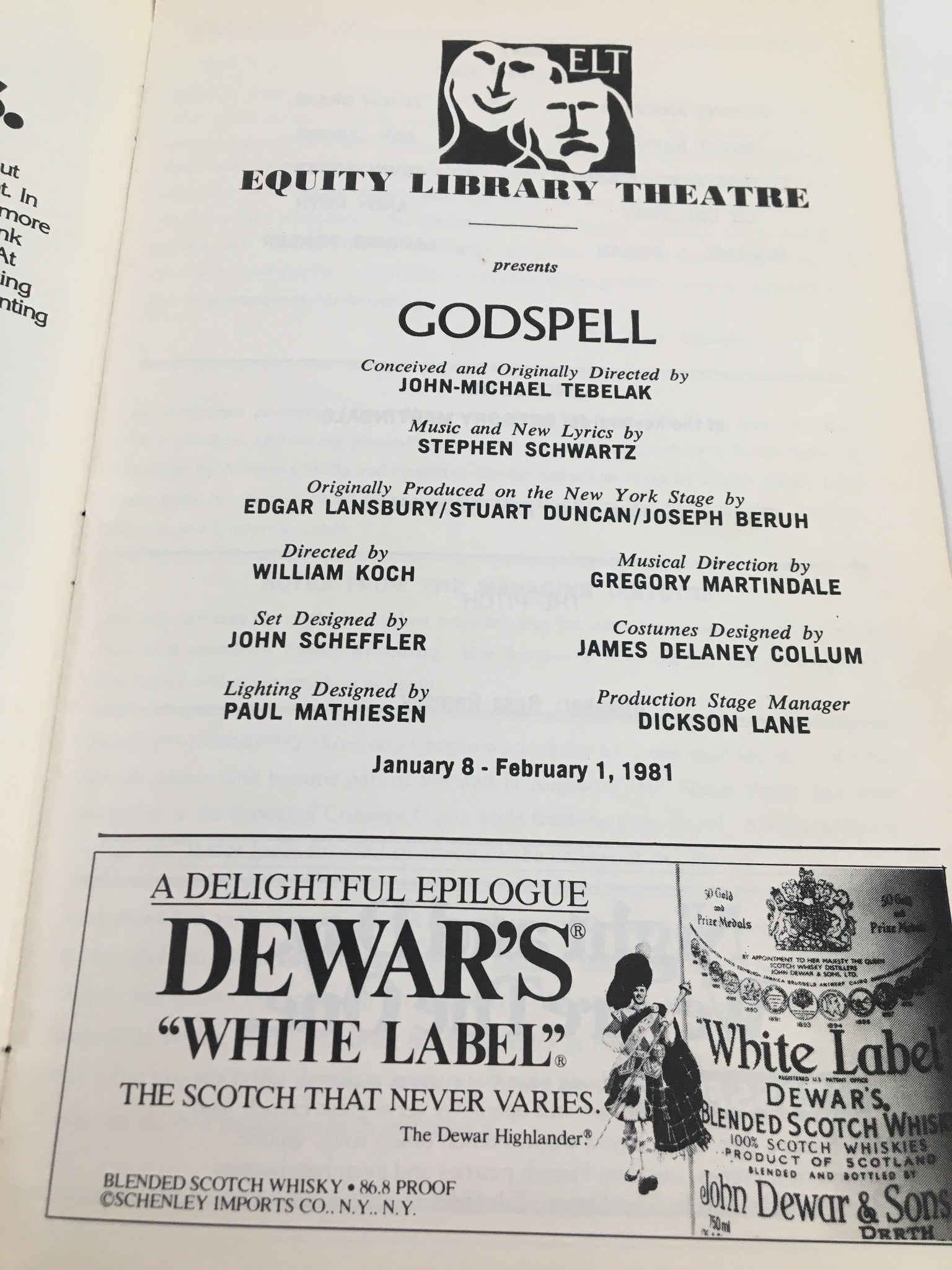 1981 Showbill Equity Library Theatre Godspell by John-Michael Tebelak