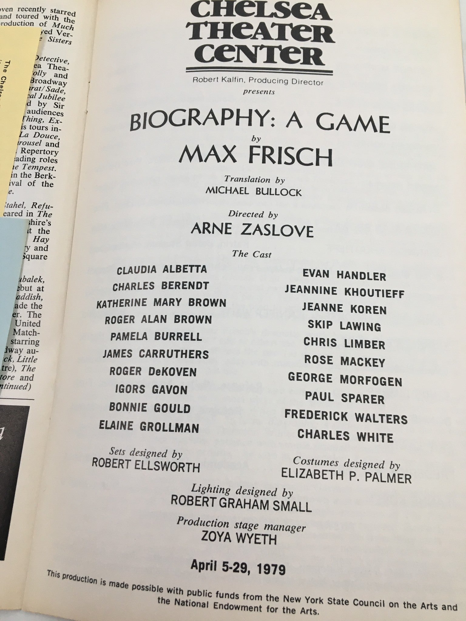 1979 Showbill Chelsea Theater Center Biography: A Game by Max Frisch