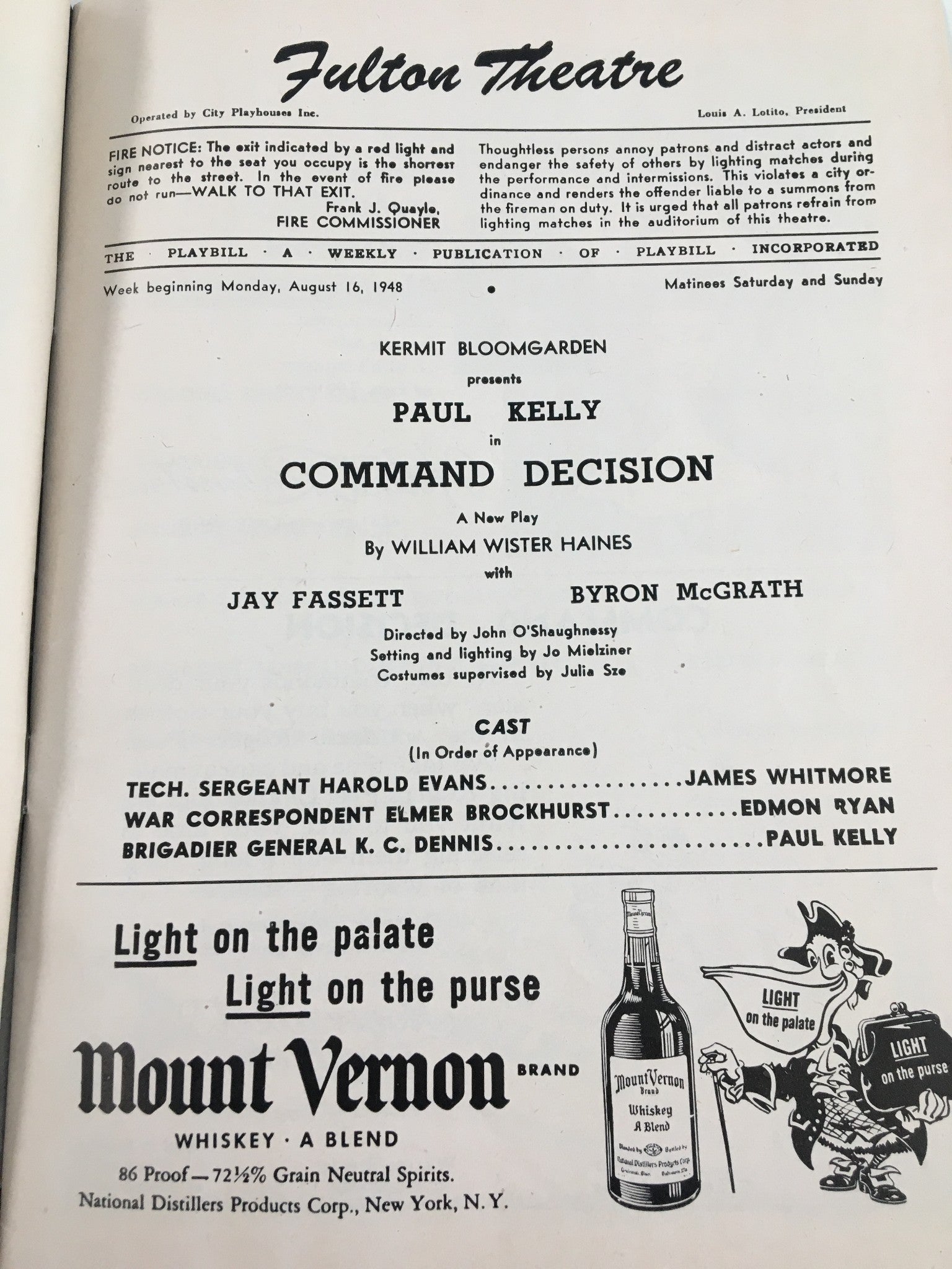 1948 Playbill Fulton Theatre Paul Kelly, Jay Fassett in Command Decision