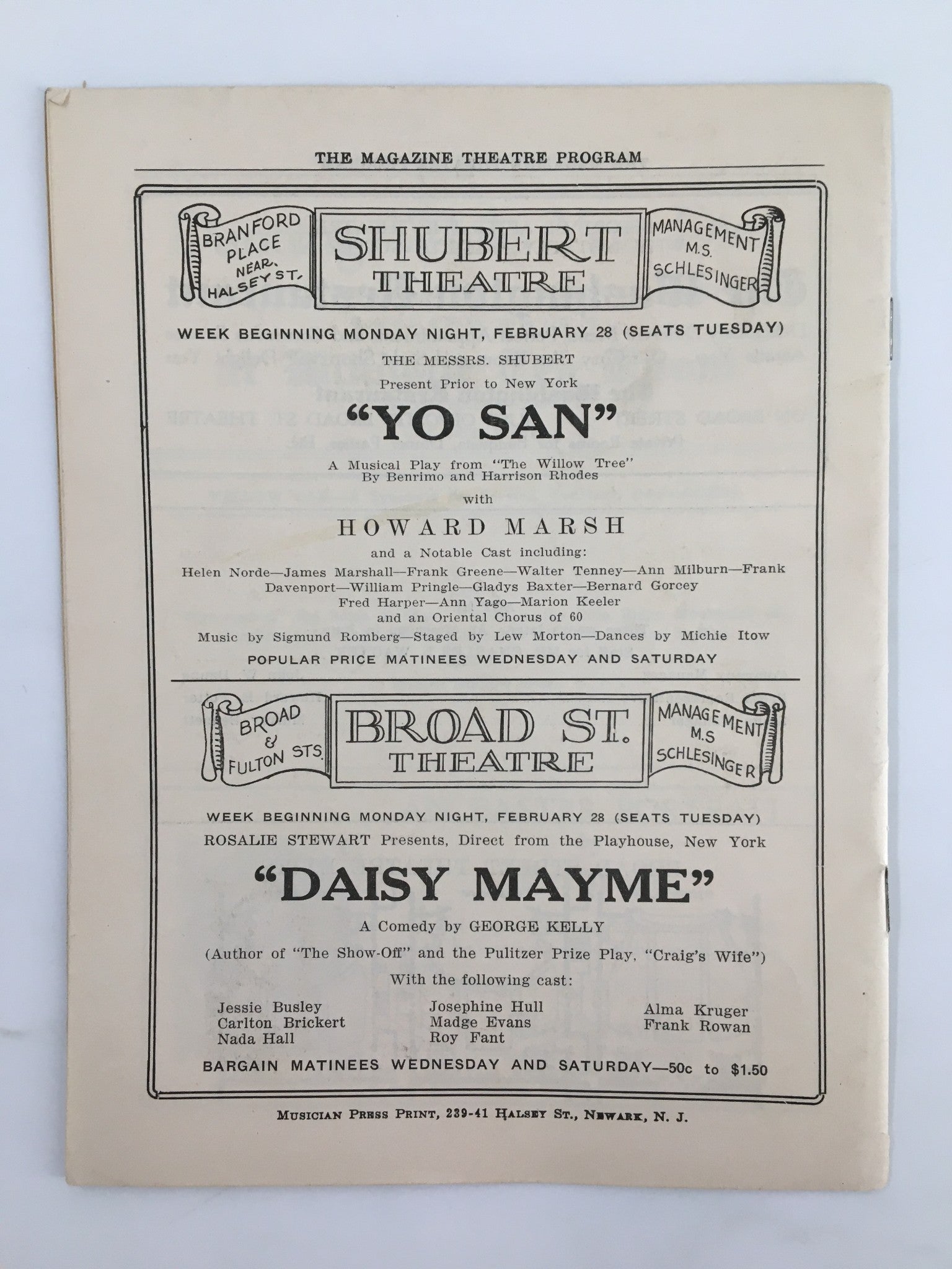 1927 Shubert Theatre Howard Marsh in Yo San / Broad St. Theatre Daisy Mayme