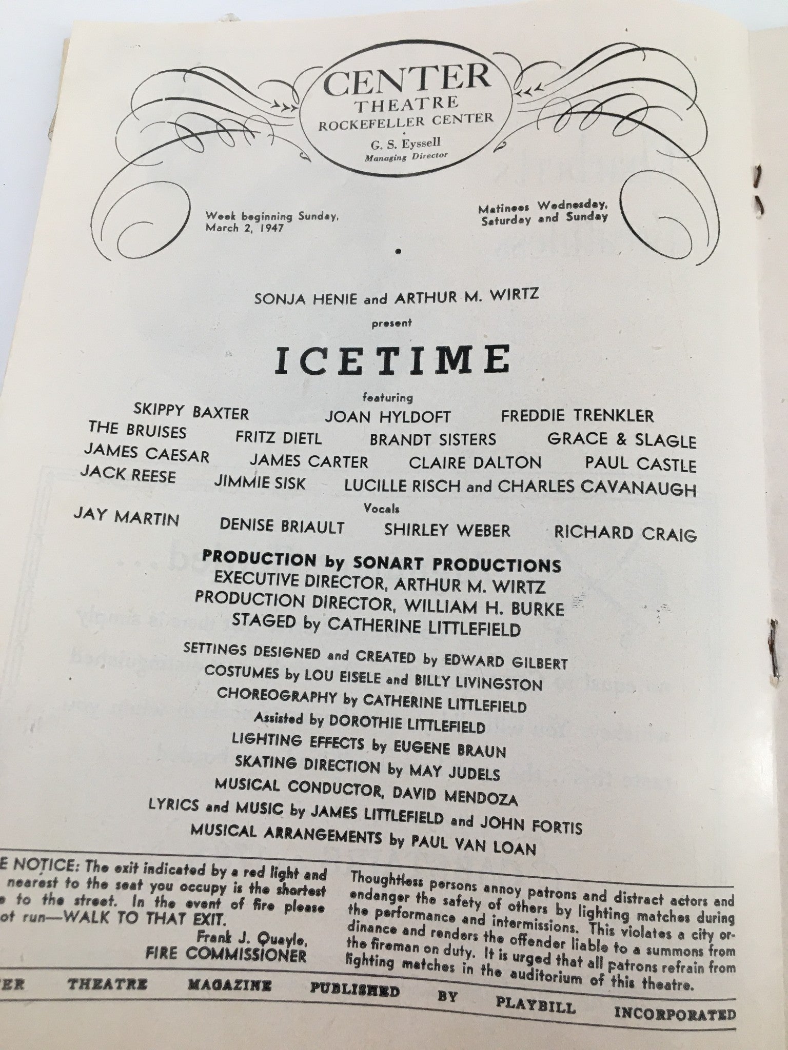 Interior page of the 1947 Center Theatre program for Icetime, showcasing cast and production details, including Skippy Baxter and Paul Castle.