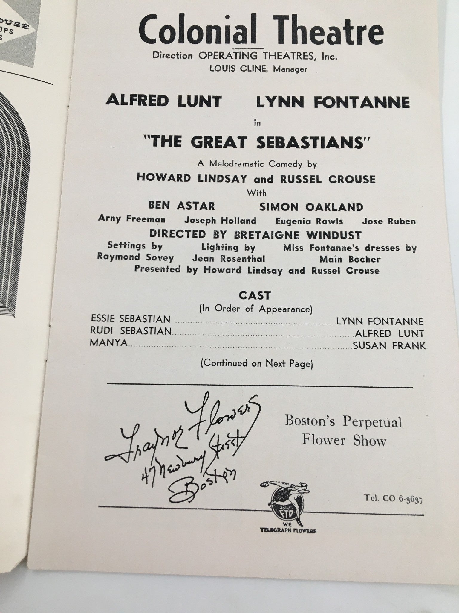 Interior page from the 1956 Colonial Theatre program, detailing the cast of The Great Sebastians, including notable actors Alfred Lunt and Lynn Fontanne.