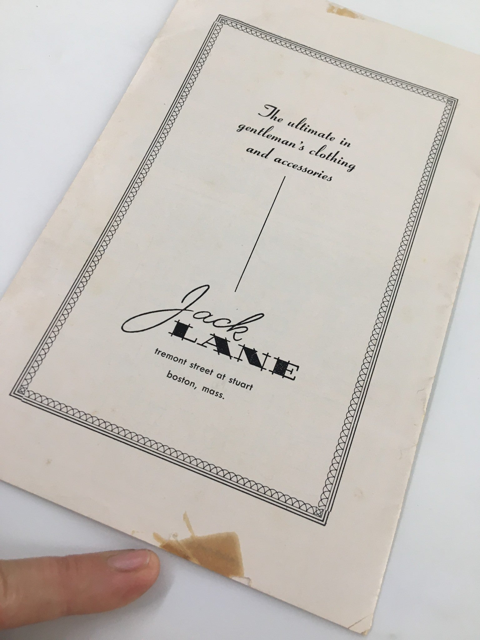 Back cover of the 1956 Colonial Theatre program, advertising Jack Lane, a men's clothing store in Boston, related to the production of The Great Sebastians.