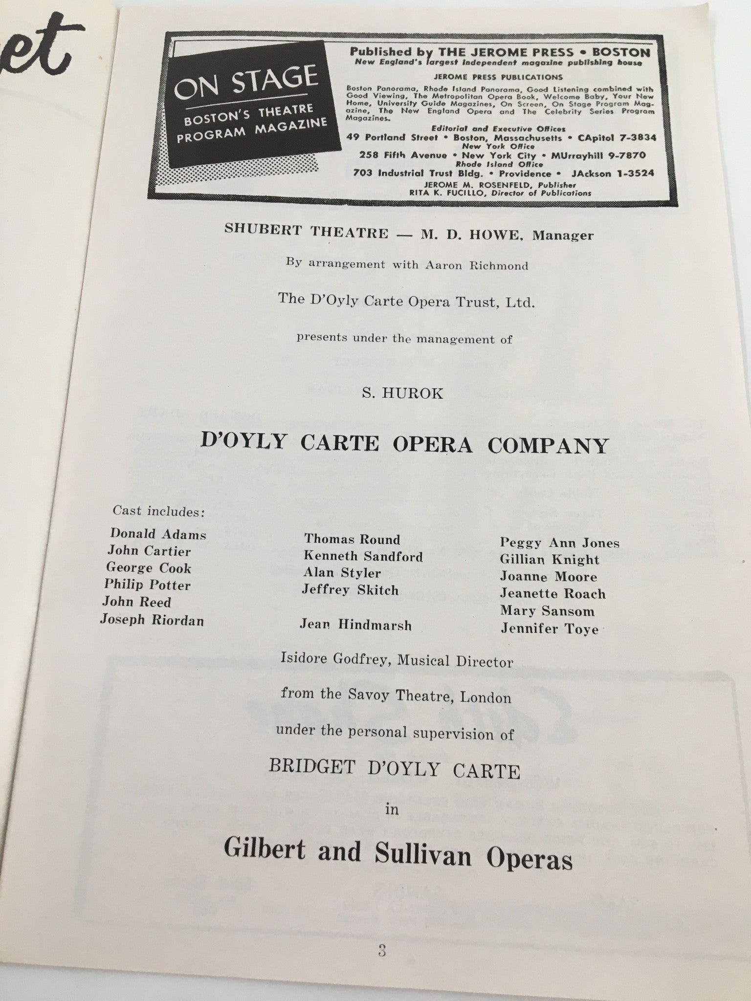 1948 On Stage Shubert Theatre inner page featuring the cast list and details of the D'Oyly Carte Opera Company production, emphasizing its historical significance in opera.