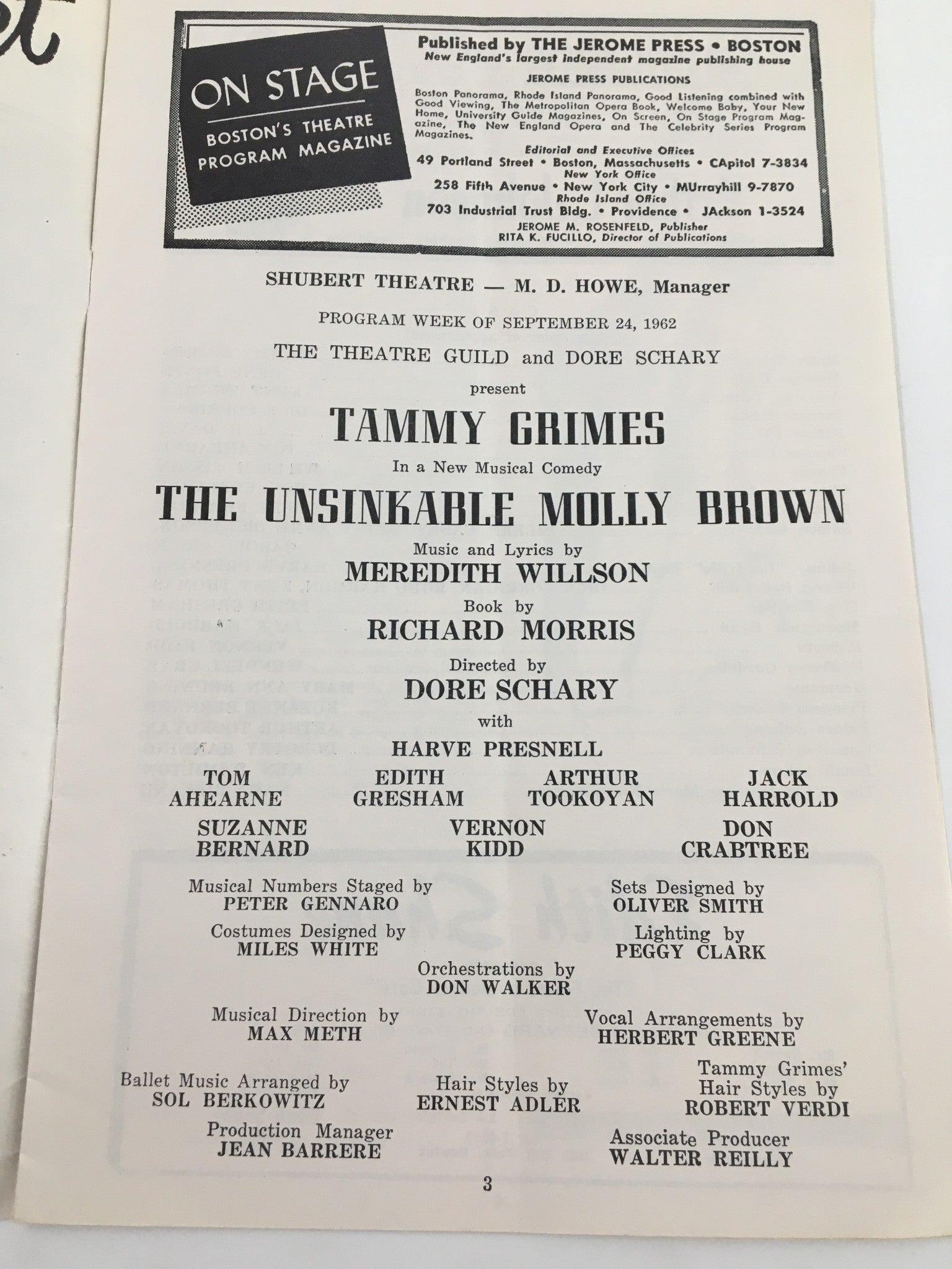 1962 On Stage Shubert Theatre Tammy Grimes in The Unsinkable Molly Brown