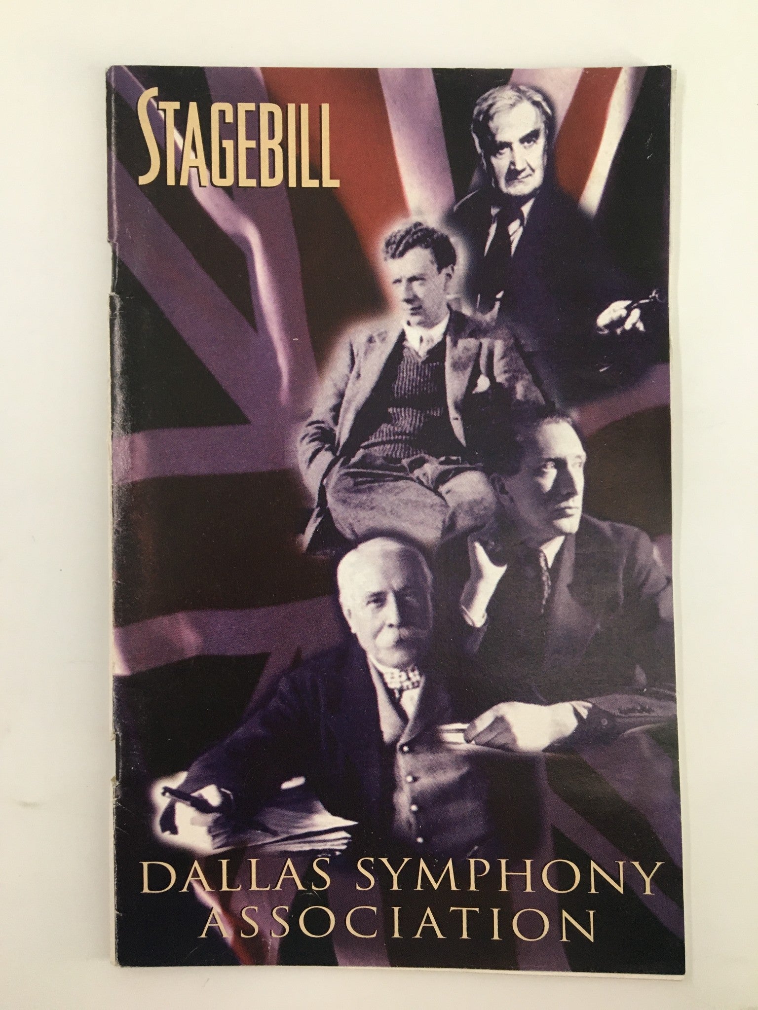 1998 Stagebill from the Dallas Symphony Association featuring notable portraits of composers Benjamin Britten and William Walton against a backdrop of the Union Jack.