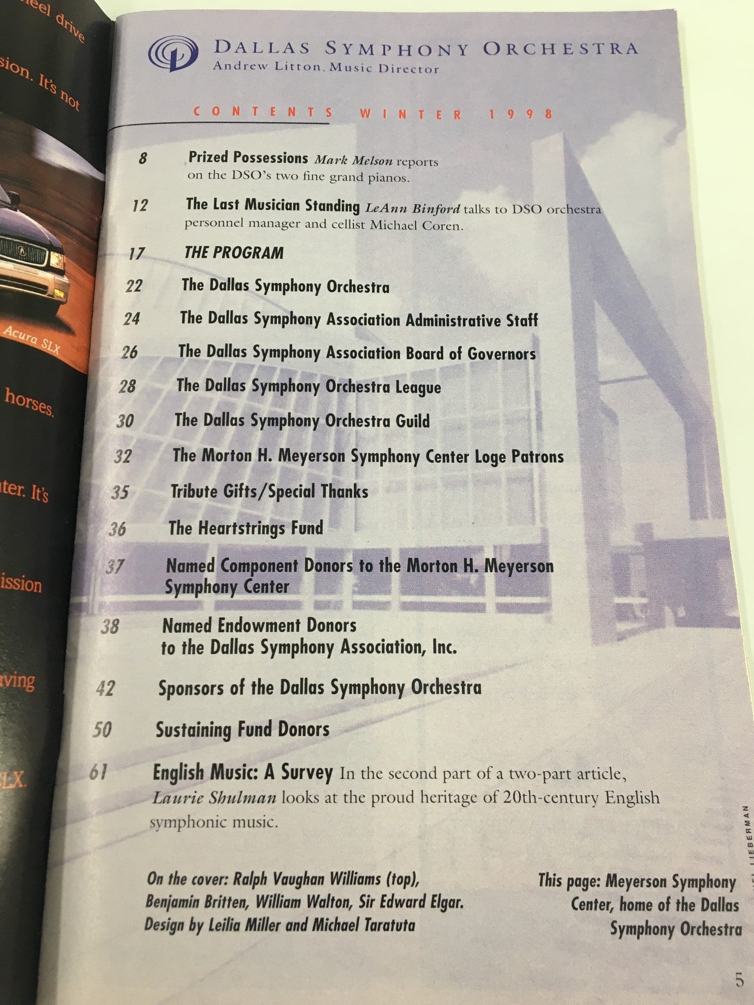 Table of contents from the 1998 Stagebill featuring the Dallas Symphony Orchestra, showcasing articles and programs related to composers Benjamin Britten and William Walton.