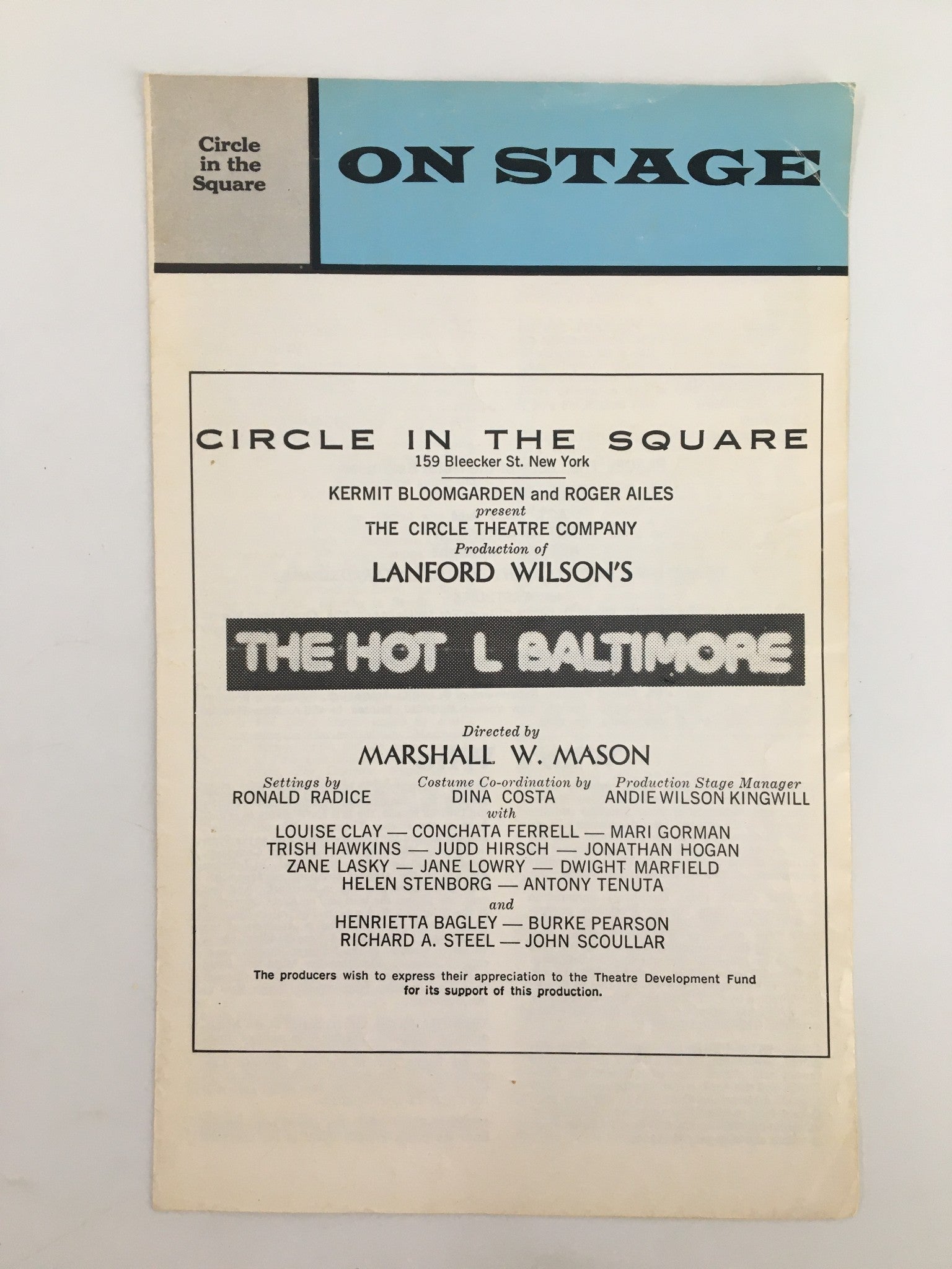 1973 On Stage Circle in the Square The Hot L Baltimore by Marshall W. Mason