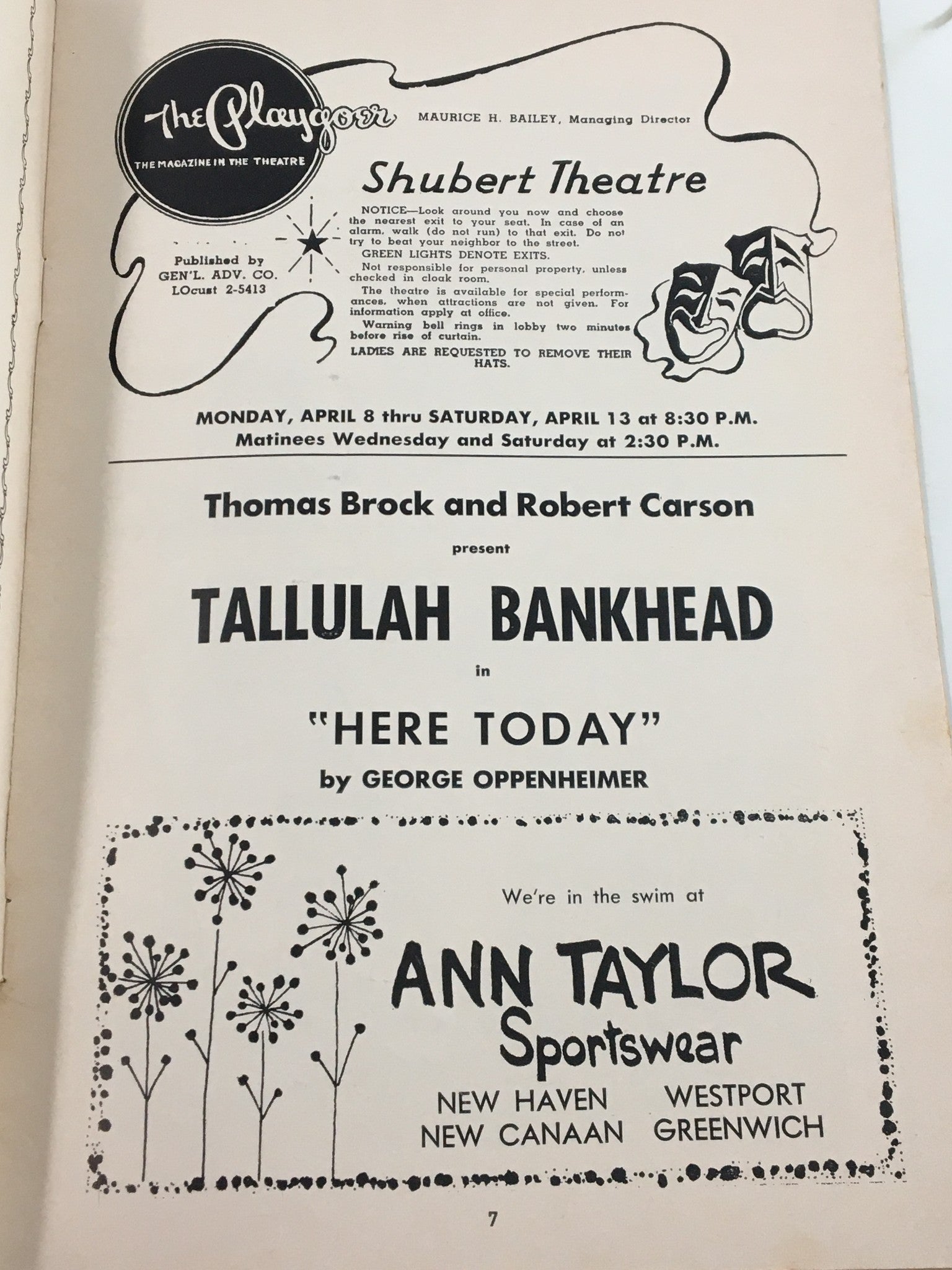 1963 The Playgoer Shubert Theatre Tallulah Bankhead in Here Today