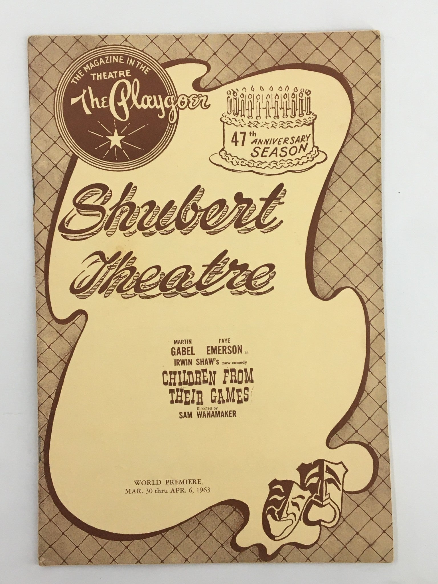 1963 The Playgoer Shubert Theatre program featuring Martin Gabel and Faye Emerson in 'Children From Their Games' directed by Sam Wanamaker.