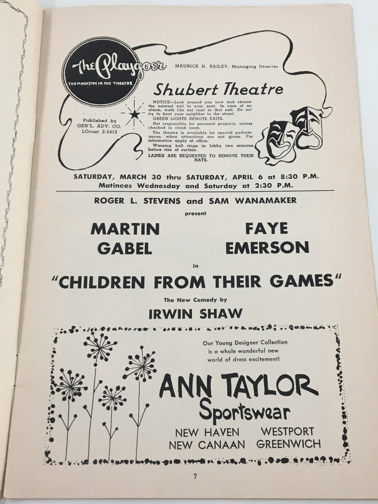 Interior page of the 1963 Playgoer program for the Shubert Theatre, detailing the performance of 'Children From Their Games' by Irwin Shaw.