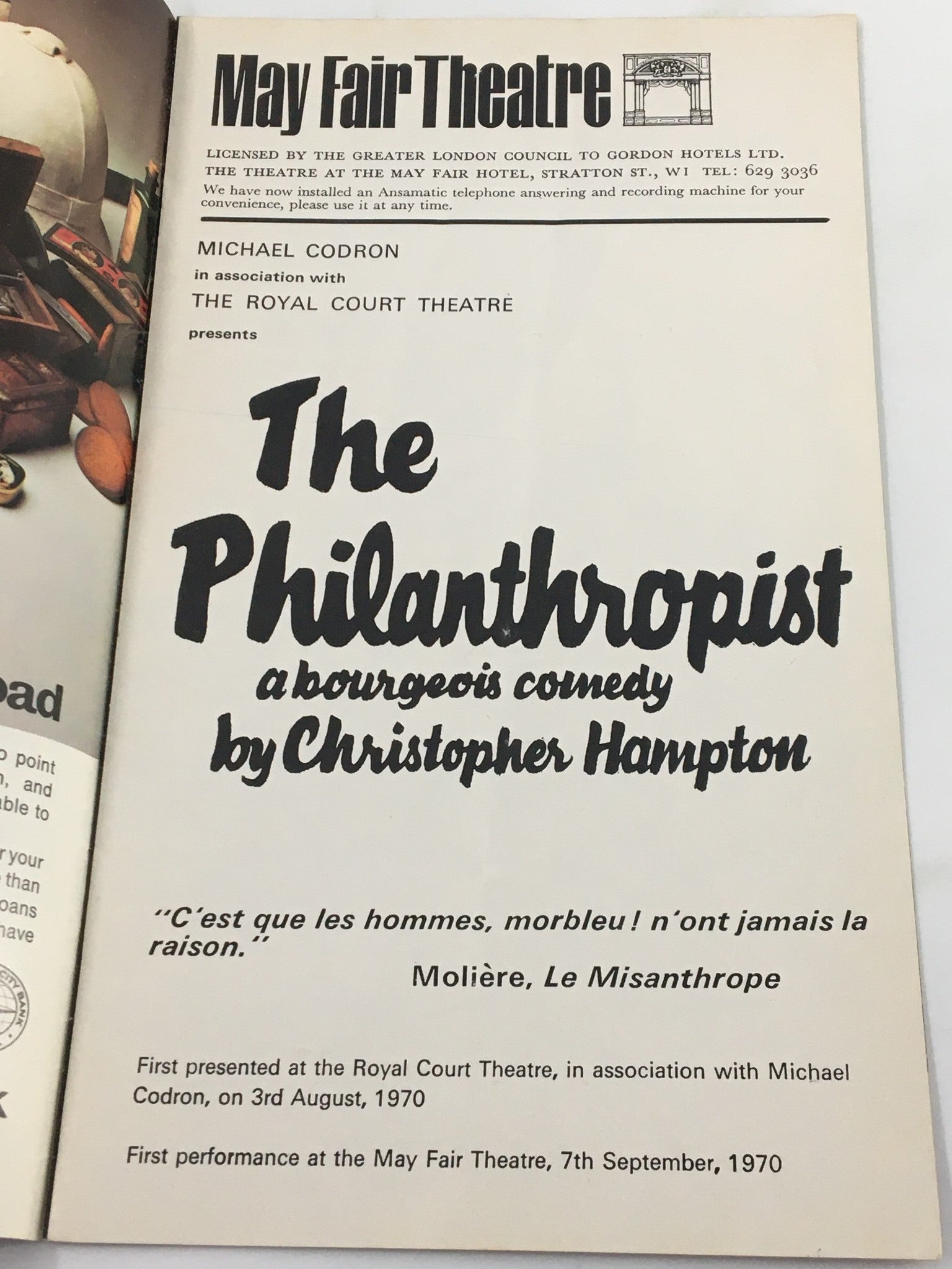 1970 May Fair Theatre Programme The Philanthropist by Christopher Hampton