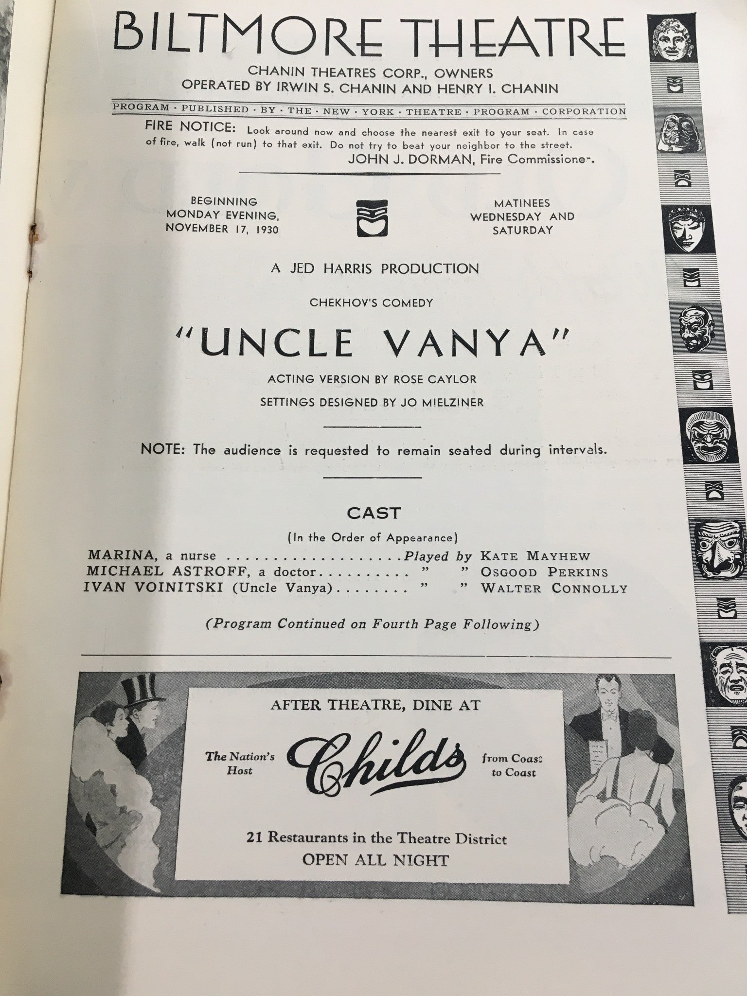 Interior page of the 1930 Biltmore Theatre magazine featuring 'Uncle Vanya,' listing cast members and production details for the classic play.