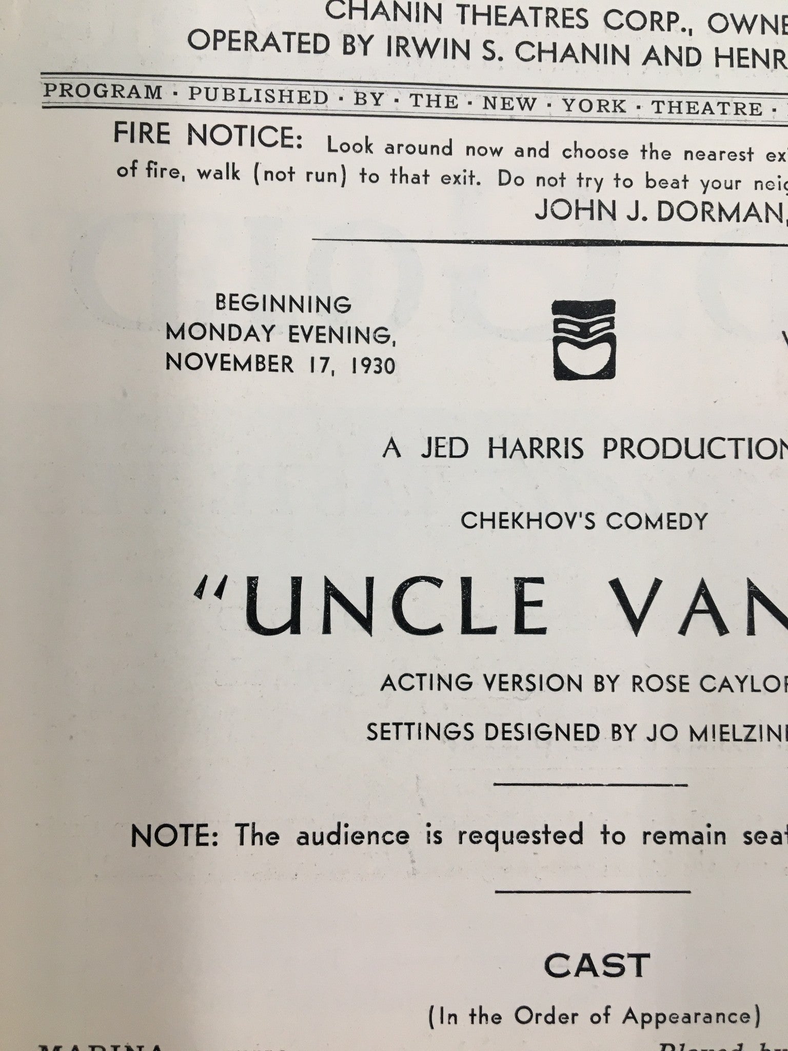 1930 Biltmore Theatre program cover featuring Chekhov's comedy "Uncle Vanya" with details of the performance beginning on November 17, 1930.