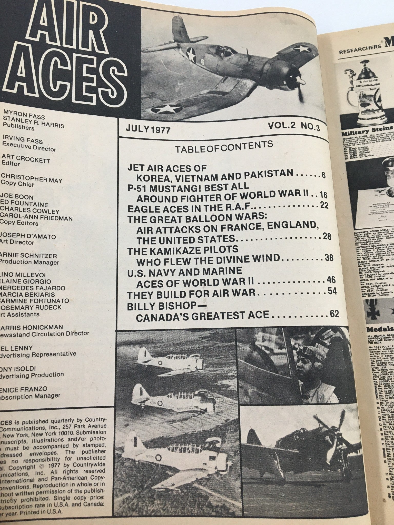 Table of contents from the Vintage Air Aces Magazine July 1977 edition highlighting features on the P-51 Mustang, the U.S. Navy, Marine Aces, and Billy Bishop.