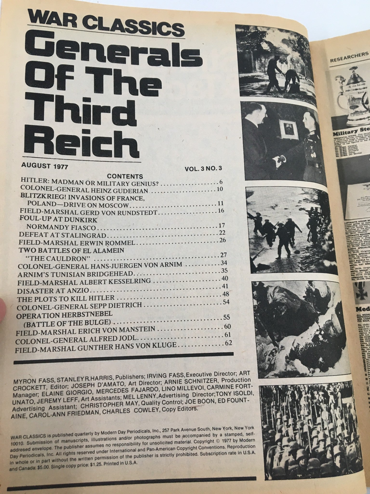 VTG War Classics Magazine August 1977 Generals of the Third Reich No Label