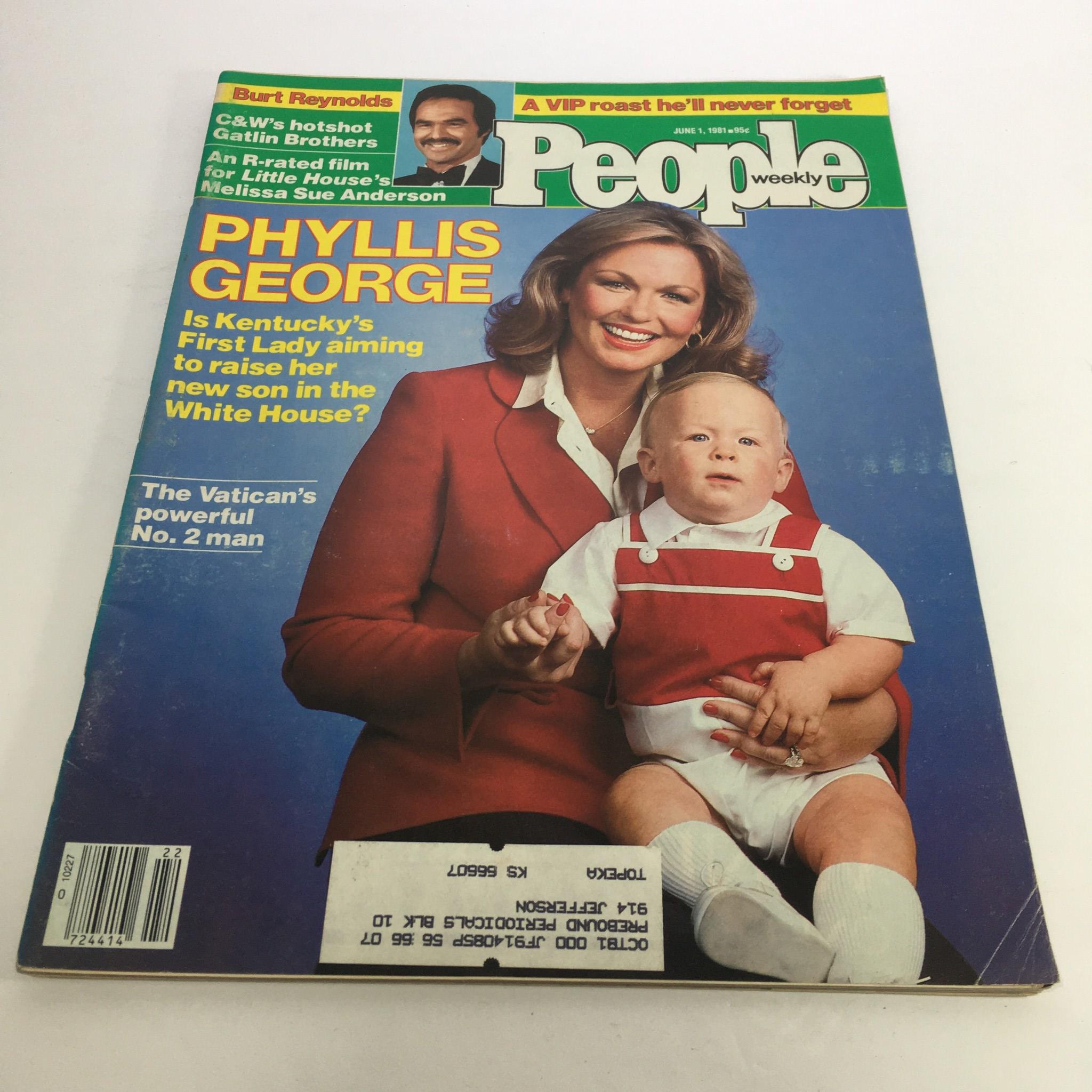 People Magazine cover from June 1, 1981, featuring Kentucky's First Lady Phyllis George smiling while holding her son, showcasing their connection and image of motherhood. The title reads 'Phyllis George: Is Kentucky's First Lady aiming to raise her new son in the White House?' with additional features on other articles of the time.