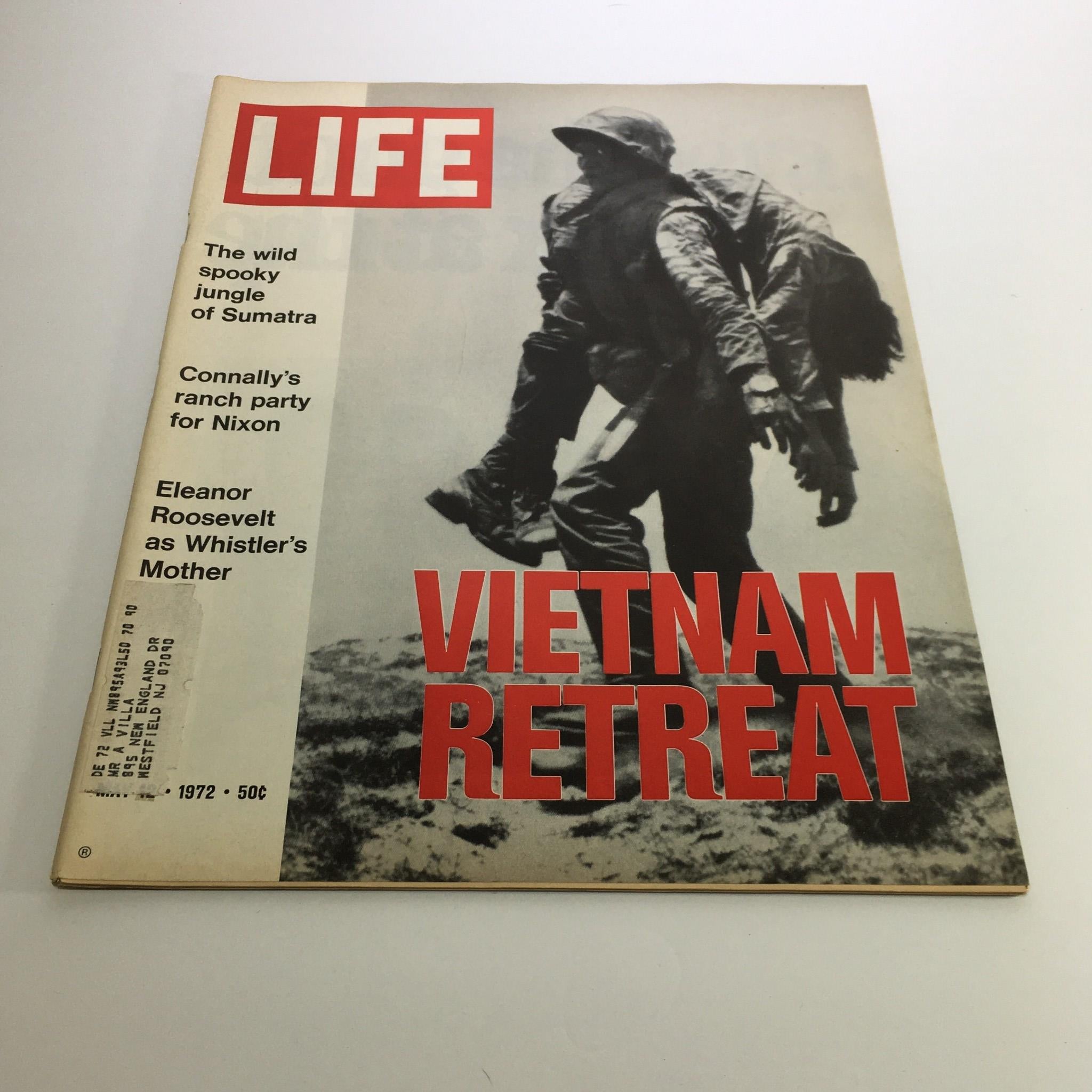 Cover of Life Magazine dated May 12, 1972, featuring the title 'Vietnam Retreat' with a soldier depicted in a haunting jungle backdrop, highlighting the theme 'The wild spooky jungle of Sumatra.'