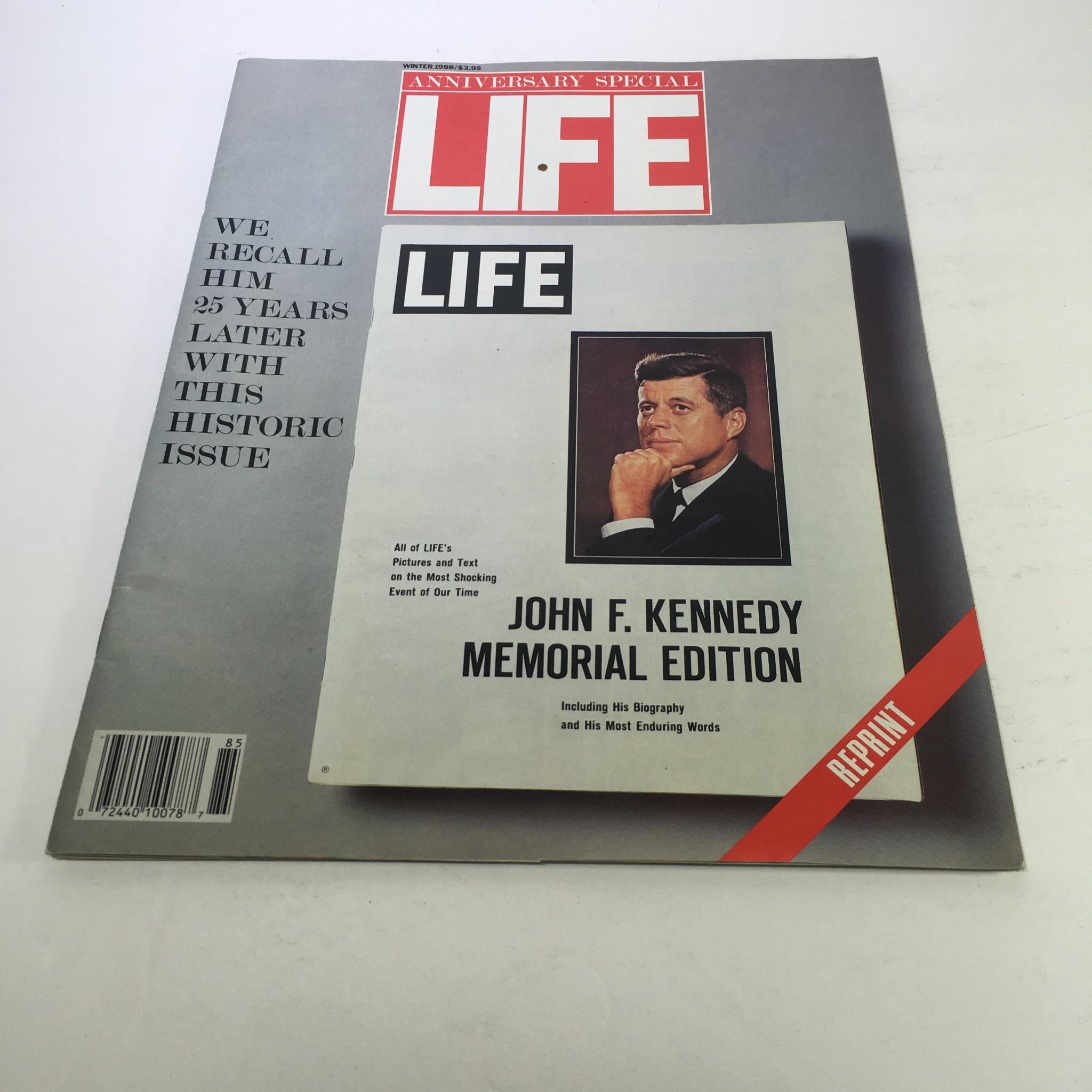 Cover of Life Magazine Anniversary Special: Winter 1988 John F. Kennedy Memorial Edition featuring a portrait of John F. Kennedy and text highlighting the historic issue.