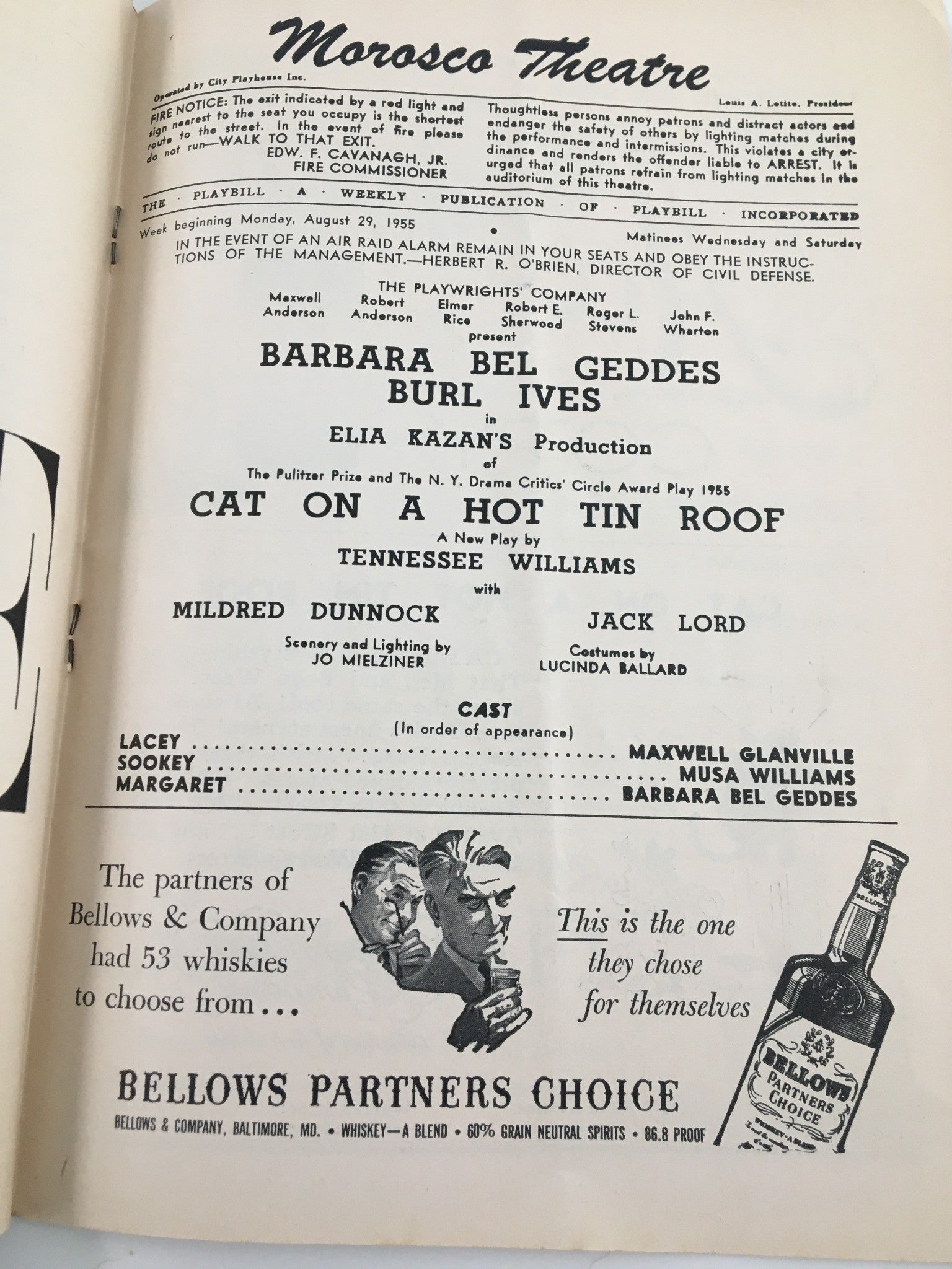 1955 Playbill Morosto Theatre Barbara Bel Geddes in Cat On A Hot Tin Roof