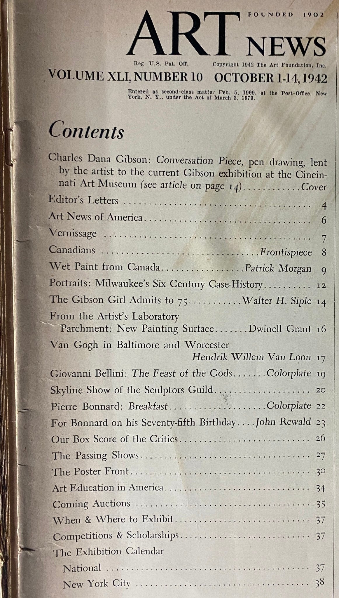 VTG Art News Magazine October 1, 1942 Charles Dana Gibson Jubilee No Label