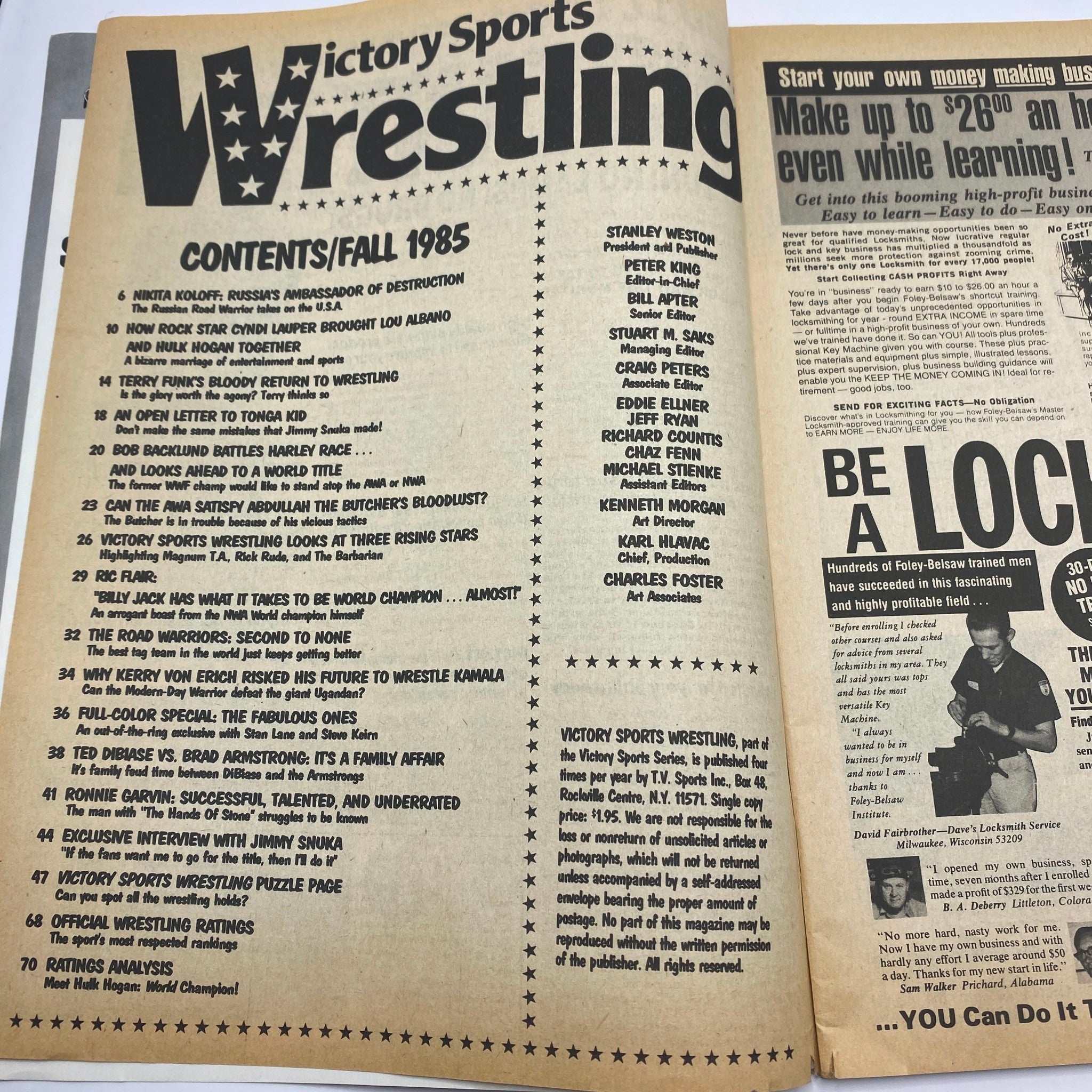 Another page from Vintage Victory Sports Wrestling Magazine Fall 1985 displaying the content list, emphasizing notable wrestling personalities and events.