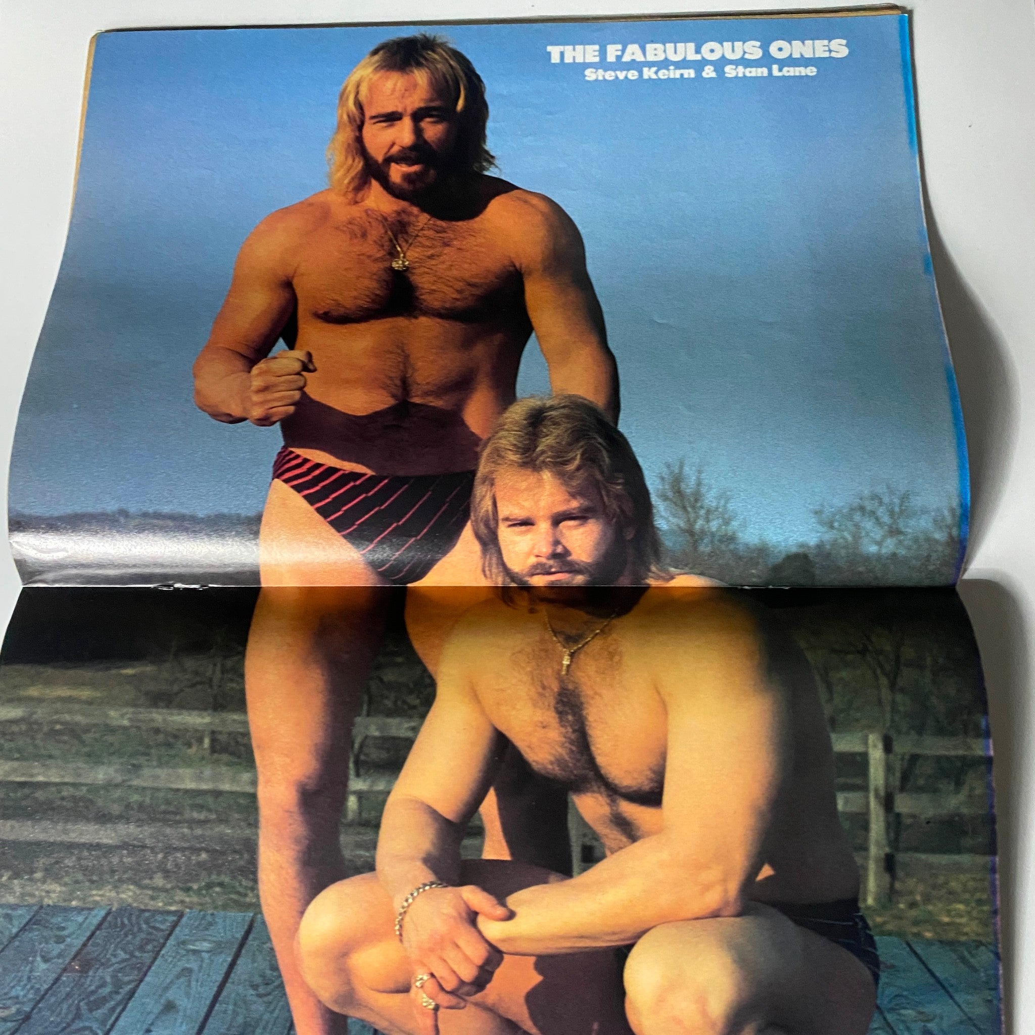 Inside spread of Vintage Victory Sports Wrestling Magazine Fall 1985 featuring The Fabulous Ones, showcasing wrestling stars with vibrant imagery.