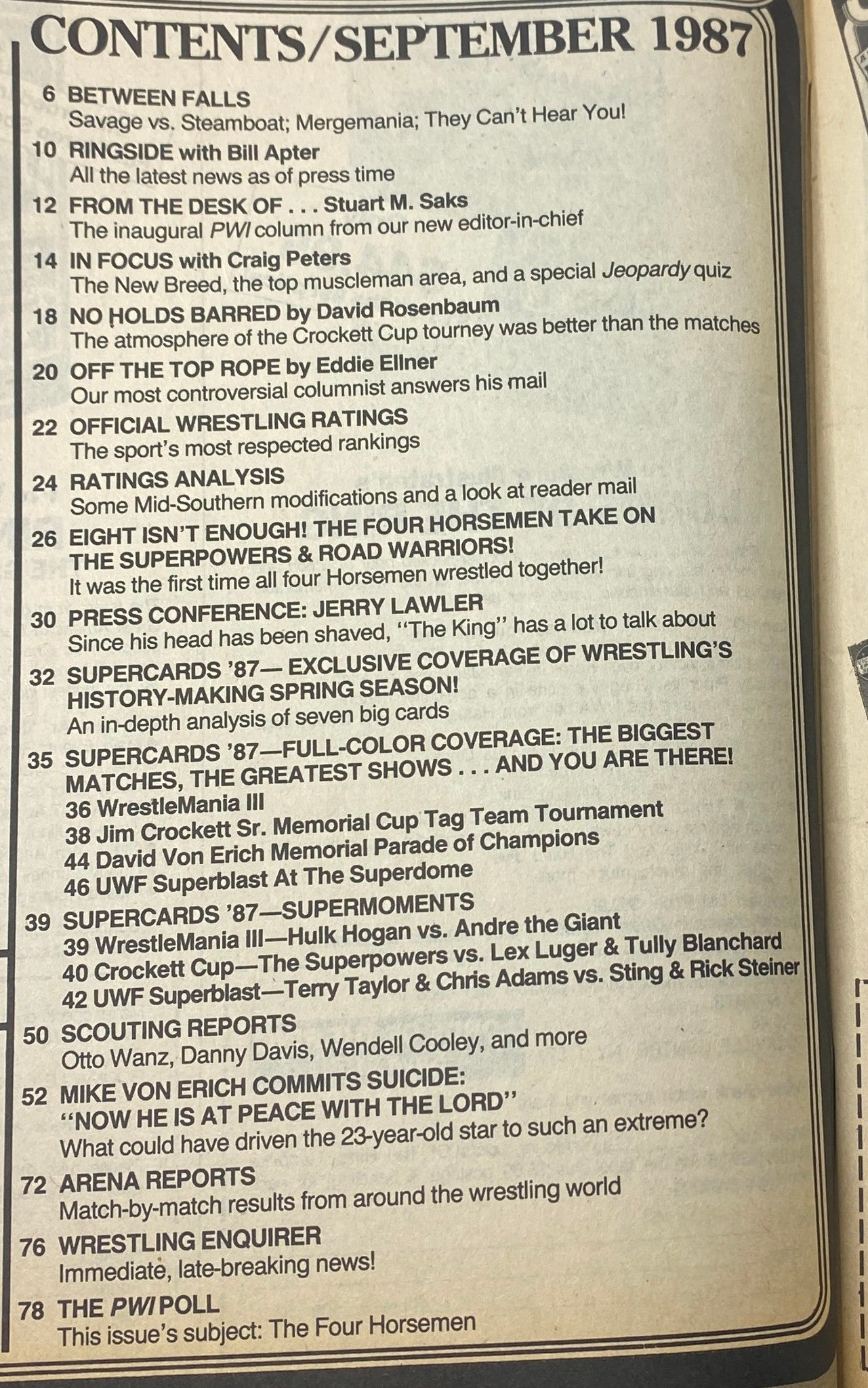Contents page of the Pro Wrestling Illustrated September 1987 issue, detailing featured articles including 'Between Falls' and 'Supercards '87'.