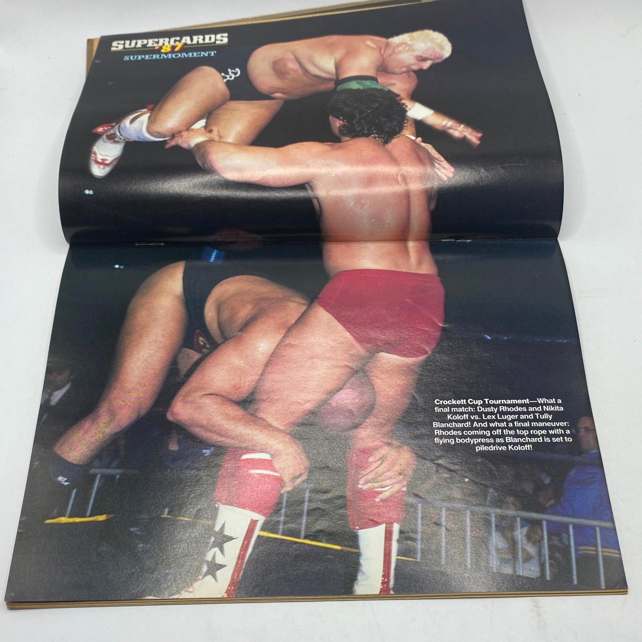 Inside page of Pro Wrestling Illustrated September 1987, showcasing a wrestling match scene with a focus on the action during the Crockett Cup Tournament.