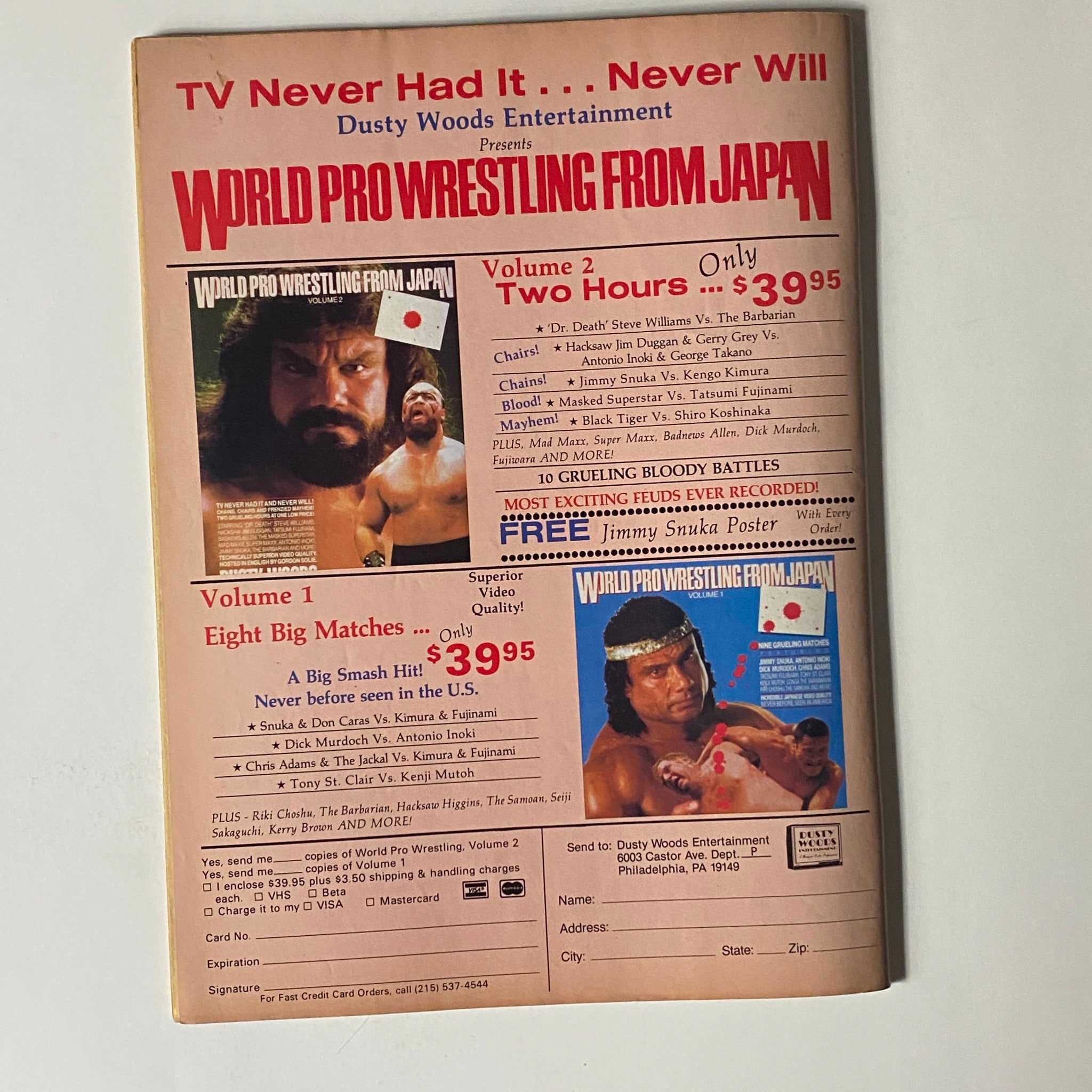 Back page of Pro Wrestling Illustrated September 1987 promoting 'World Pro Wrestling from Japan' videos featuring iconic wrestlers and matches.