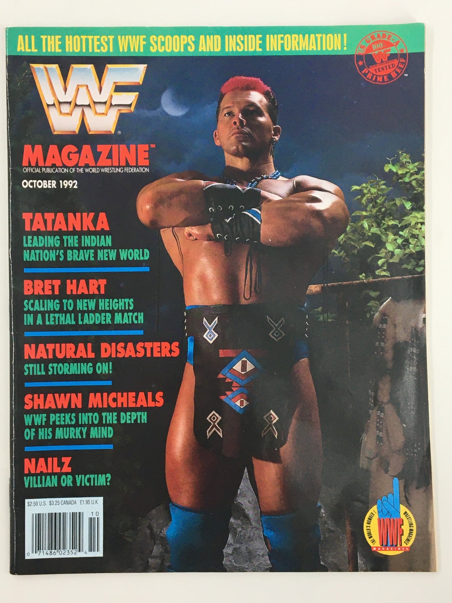 VTG WWF Magazine October 1992 featuring Tatanka on the cover, highlighting wrestling legends, with vibrant colors and bold headlines.