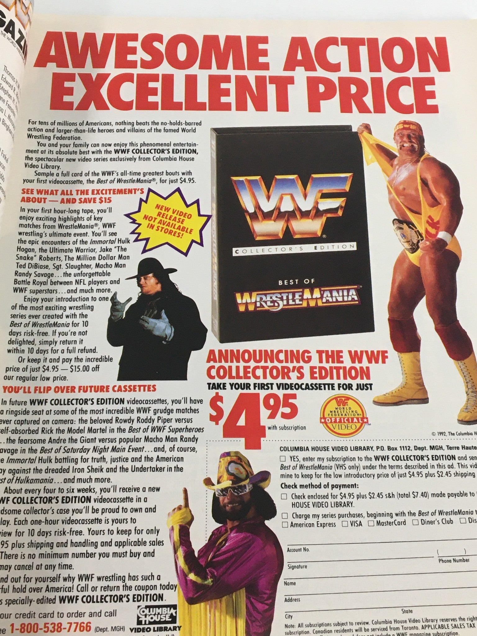VTG WWF Magazine October 1992 featuring an advertisement for the WWF Collector's Edition video cassette, highlighting wrestling matches and iconic wrestlers like Hulk Hogan and Randy Savage.