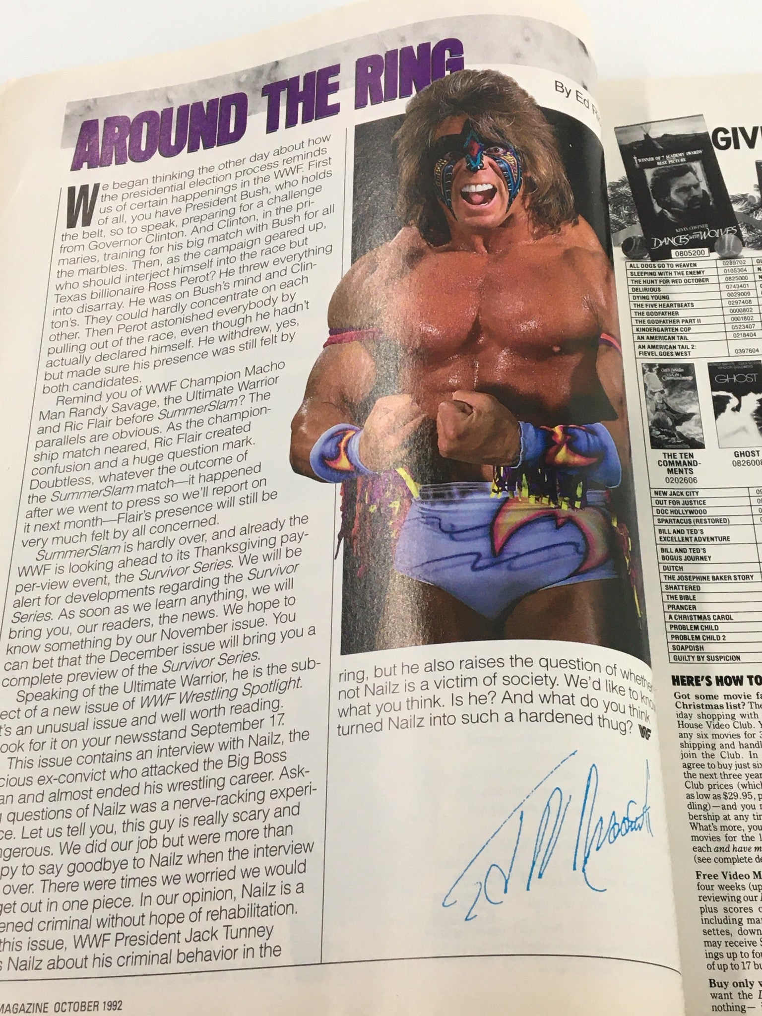 VTG WWF Magazine October 1992 showcasing the Ultimate Warrior with a column titled 'Around the Ring,' discussing wrestling politics and featuring a signature.