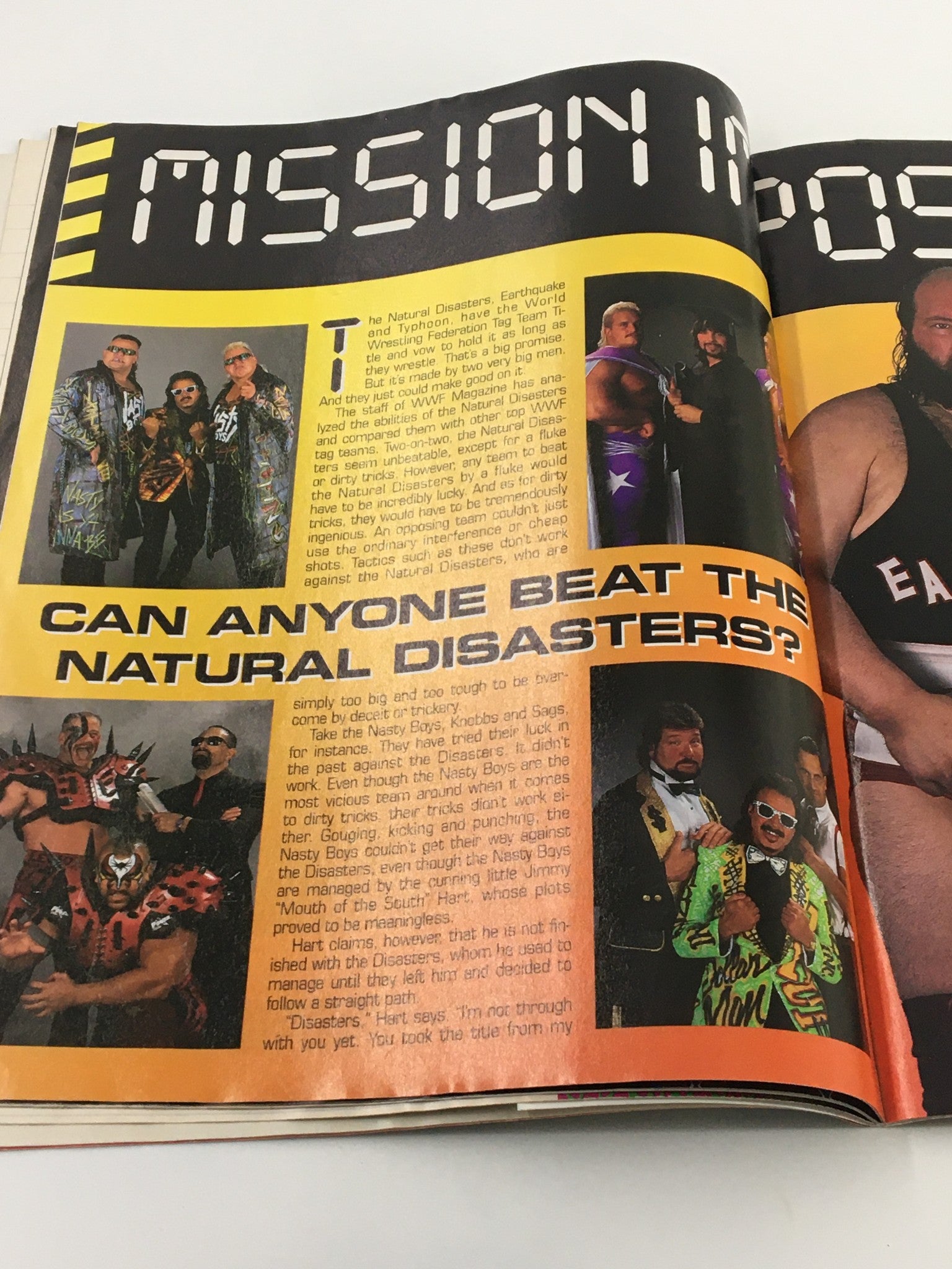 VTG WWF Magazine October 1992 page discussing the Natural Disasters, Earthquake and Typhoon, with images of wrestling teams and their strategies.