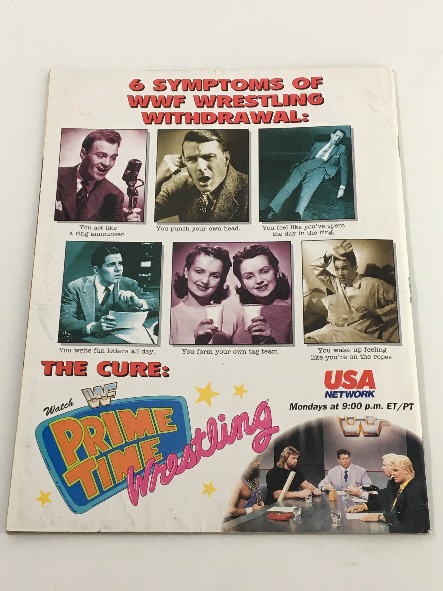 VTG WWF Magazine October 1992 back cover illustrating humorous symptoms of WWF wrestling withdrawal, promoting WWF Prime Time Wrestling.