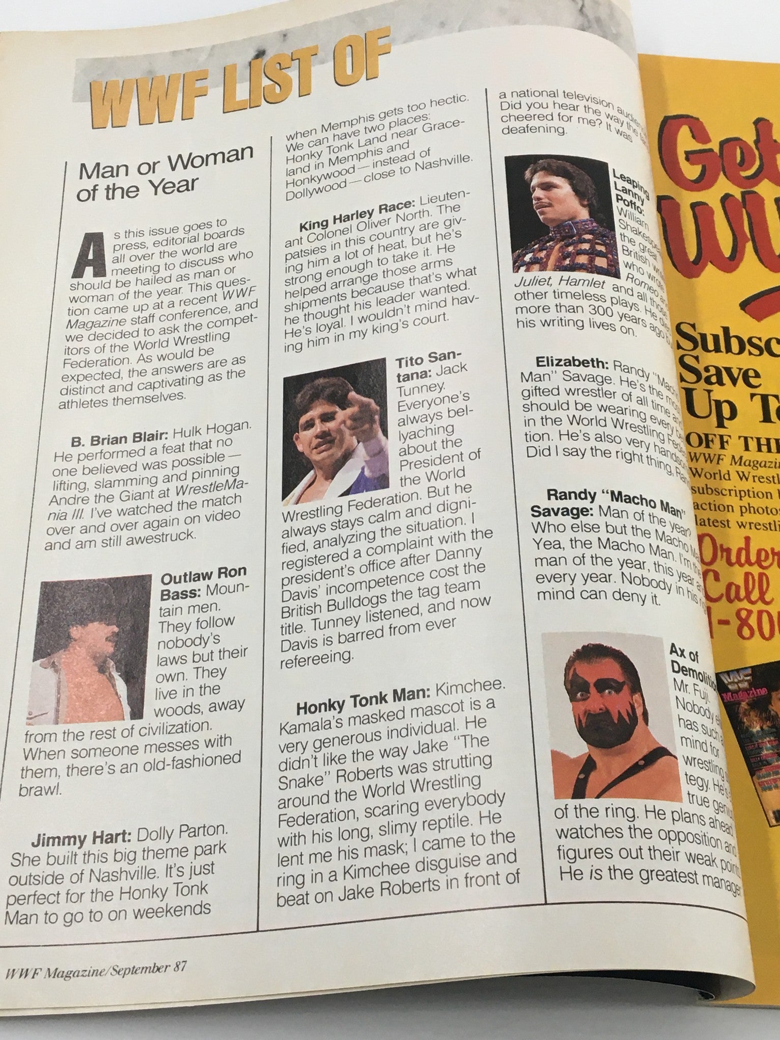 VTG WWF Magazine September 1987 Honky Tonky, Brutus the Barber and Hulk Hogan