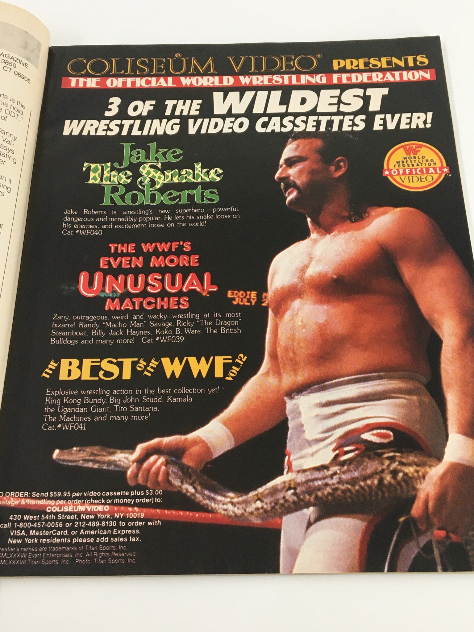 Advertisement inside VTG WWF Magazine August 1987 promoting wrestling video cassettes featuring Jake 'The Snake' Roberts.