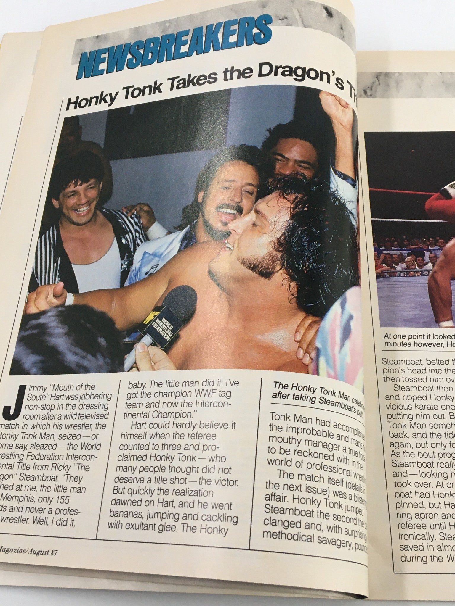 Newsbreakers section of VTG WWF Magazine August 1987 covering Honky Tonk Man's victory and reactions from fans.