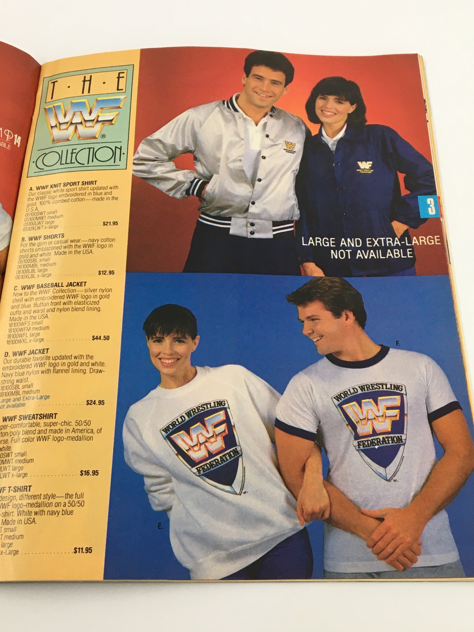 WWF Magazine August 1987 showcasing clothing merchandise including jackets and shirts available for wrestling fans.