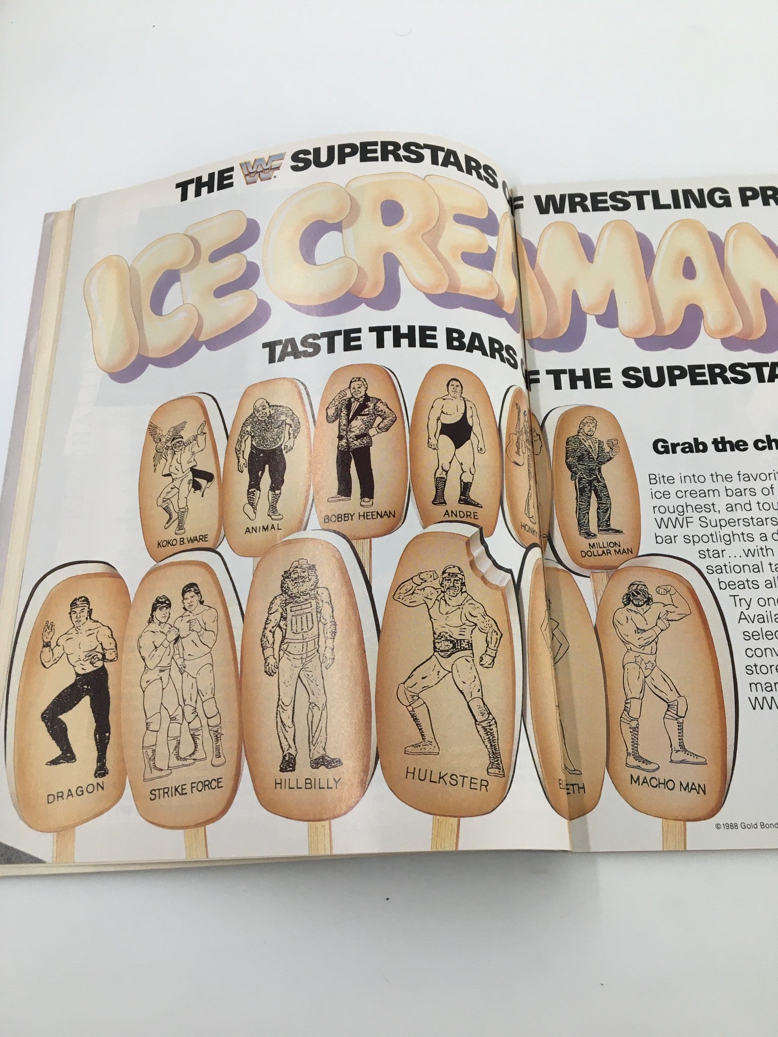 An advertisement from the VTG WWF Magazine February 1989 featuring ice cream bars themed around WWF Superstars with illustrations of various wrestlers.