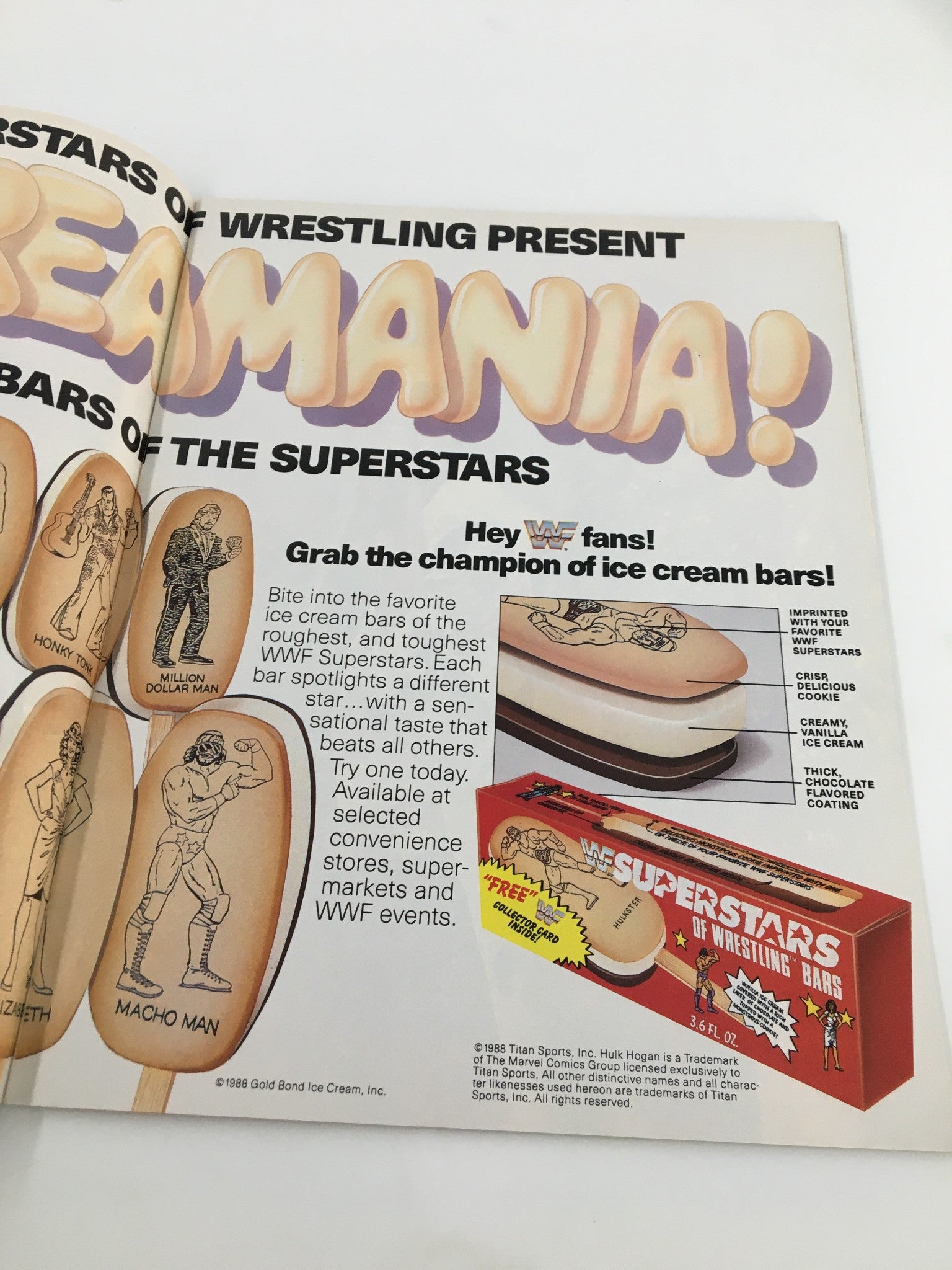 Another advertisement for WWF-themed ice cream bars featured in the VTG WWF Magazine February 1989, highlighting different wrestling personalities.