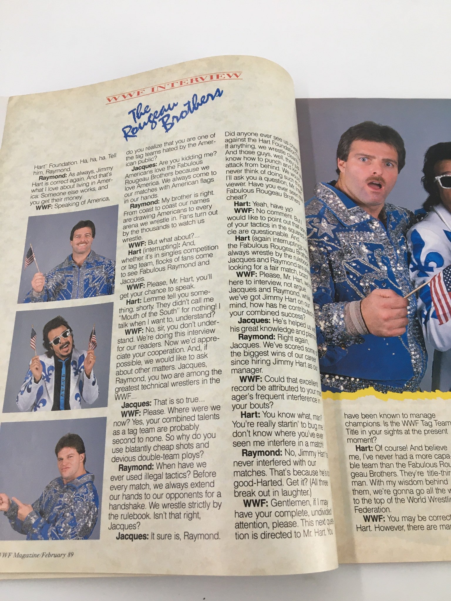 WWF Magazine February 1989 featuring an interview with the Rougeo Brothers with highlights of their wrestling career.