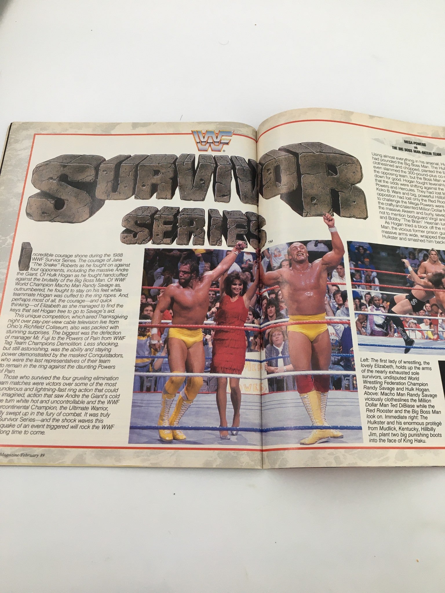 WWF Magazine February 1989 covering the Survivor Series event with Randy Savage and Hulk Hogan celebrating their victory.